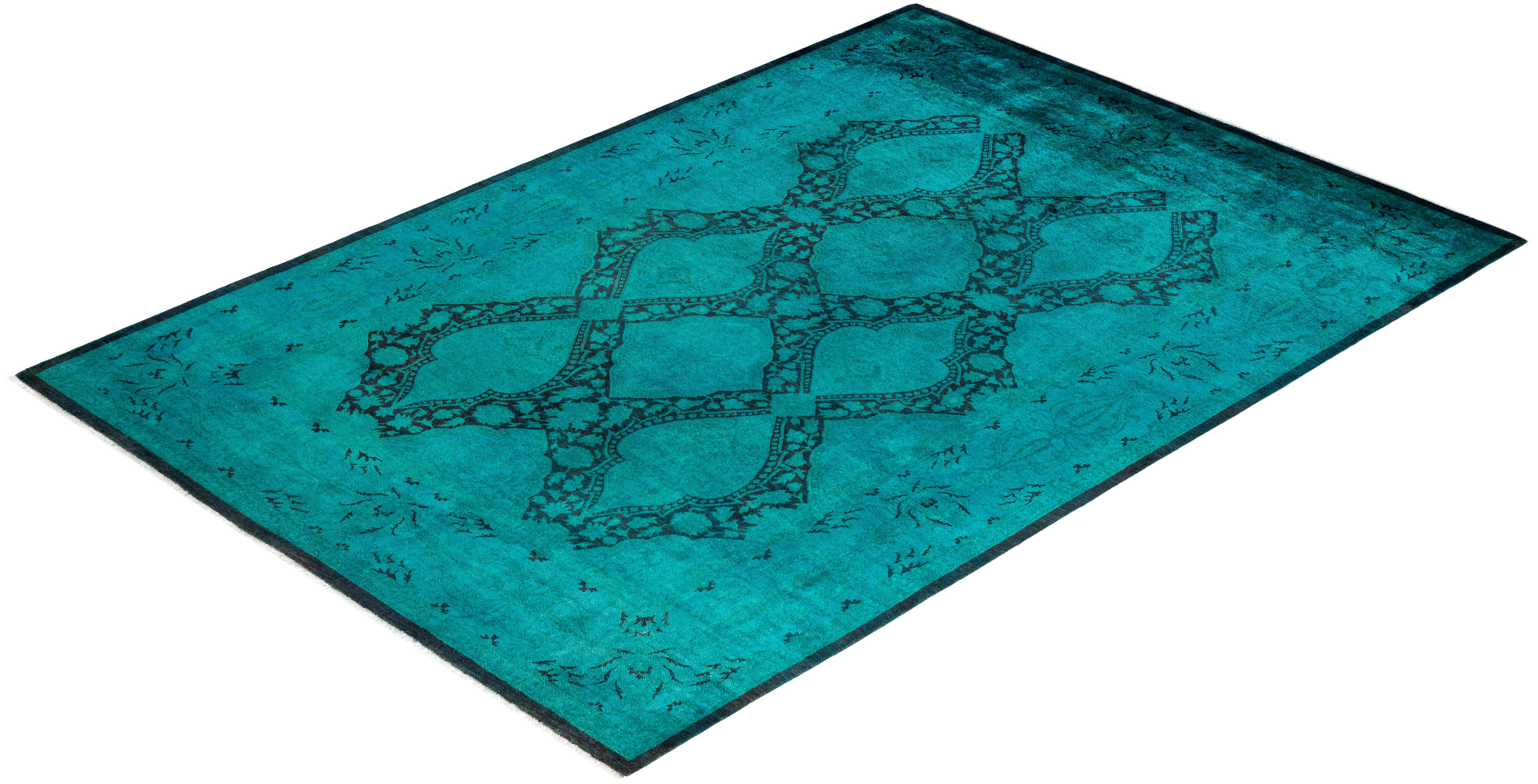 Contemporary Overdyed Hand Knotted Wool Green Area Rug 6' 2