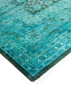 Contemporary Overdyed Hand Knotted Wool Green Area Rug