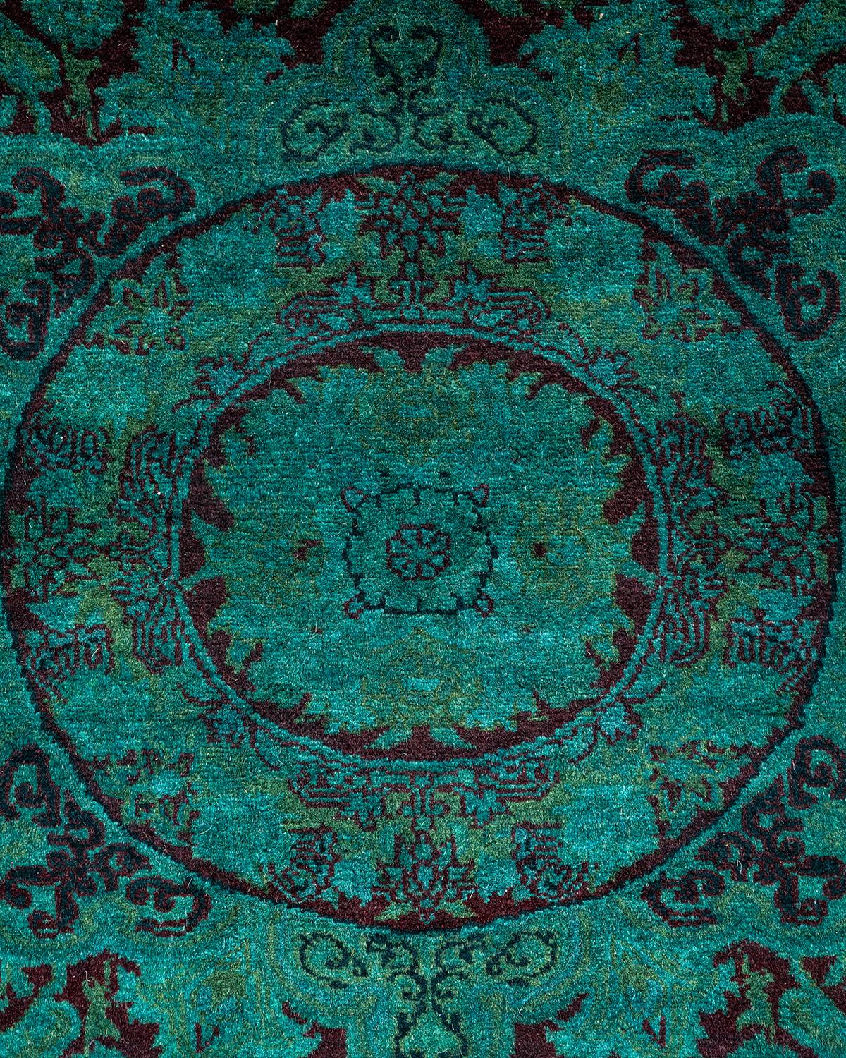 Pakistani Contemporary Overdyed Hand Knotted Wool Green Area Rug For Sale