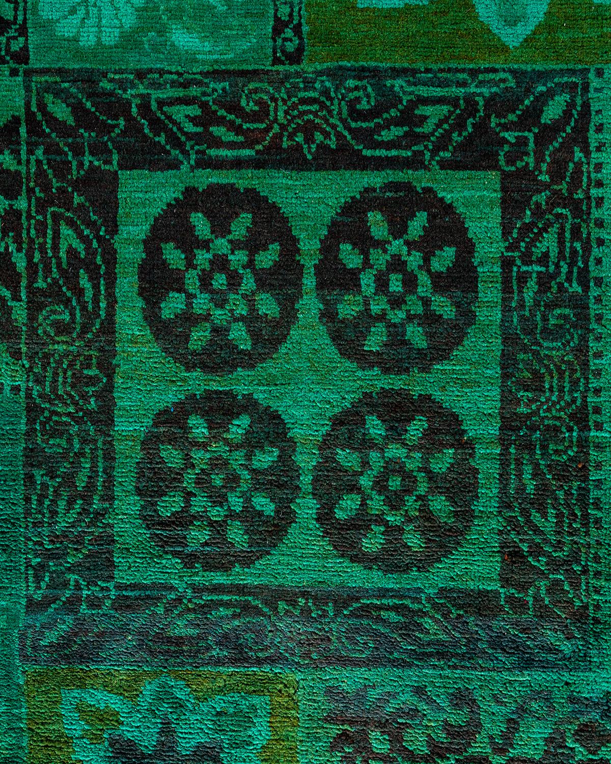 Pakistani Contemporary Overdyed Hand Knotted Wool Green Area Rug For Sale