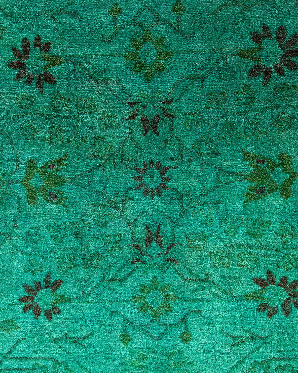 Pakistani Contemporary Overdyed Hand Knotted Wool Green Area Rug For Sale