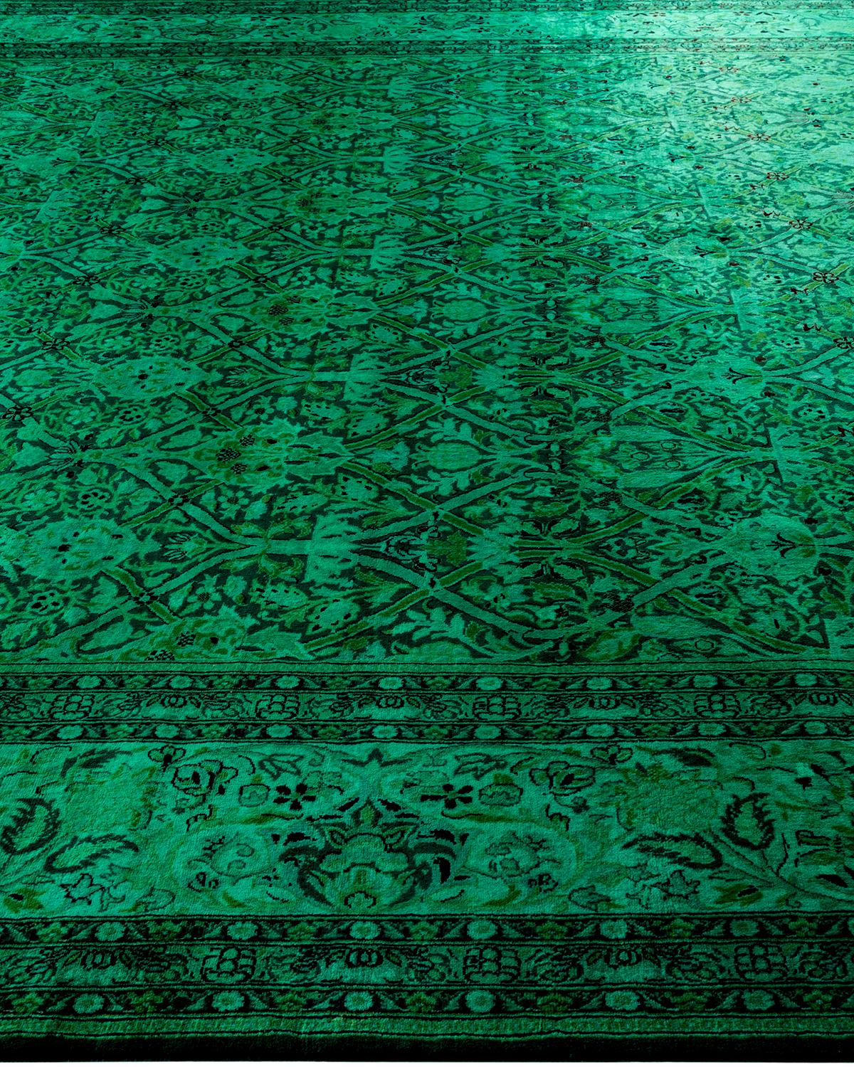 Contemporary Overdyed Hand Knotted Wool Green Area Rug In New Condition For Sale In Norwalk, CT