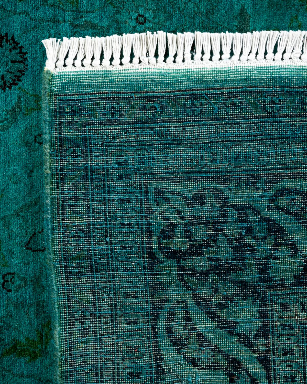 Contemporary Overdyed Hand Knotted Wool Green Area Rug For Sale 1