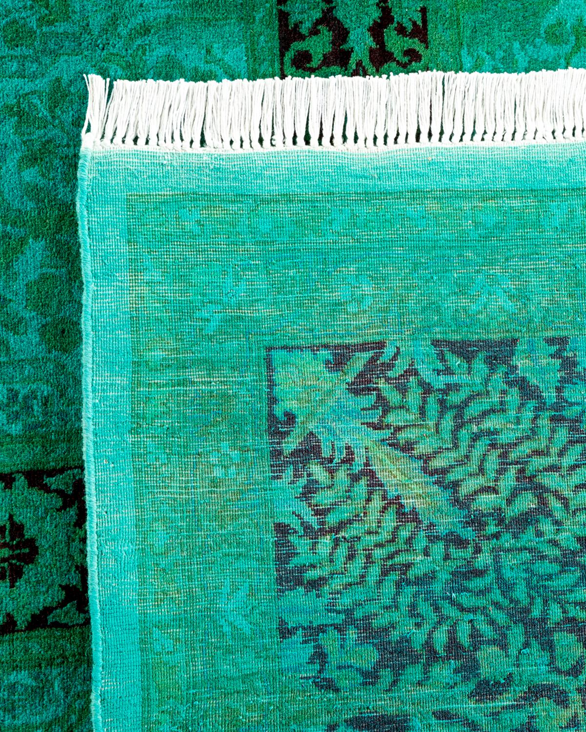 Contemporary Overdyed Hand Knotted Wool Green Area Rug For Sale 1