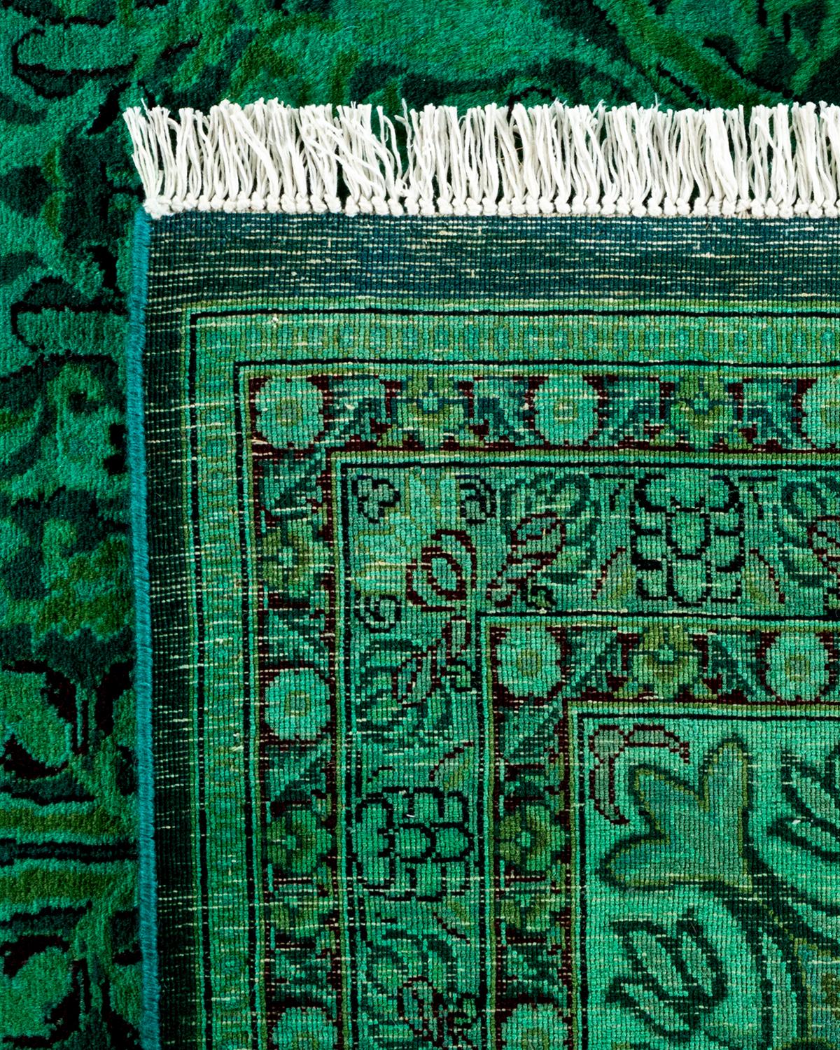 Contemporary Overdyed Hand Knotted Wool Green Area Rug For Sale 1