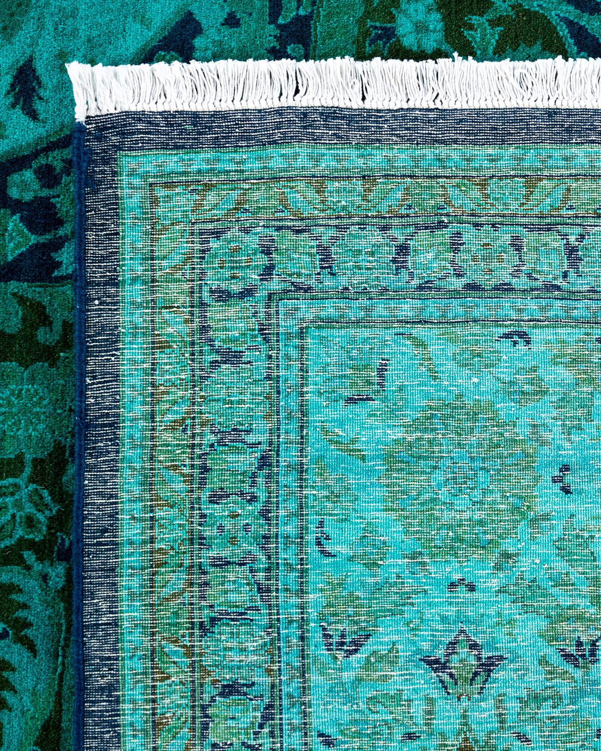 Contemporary Overdyed Hand Knotted Wool Green Area Rug For Sale 1