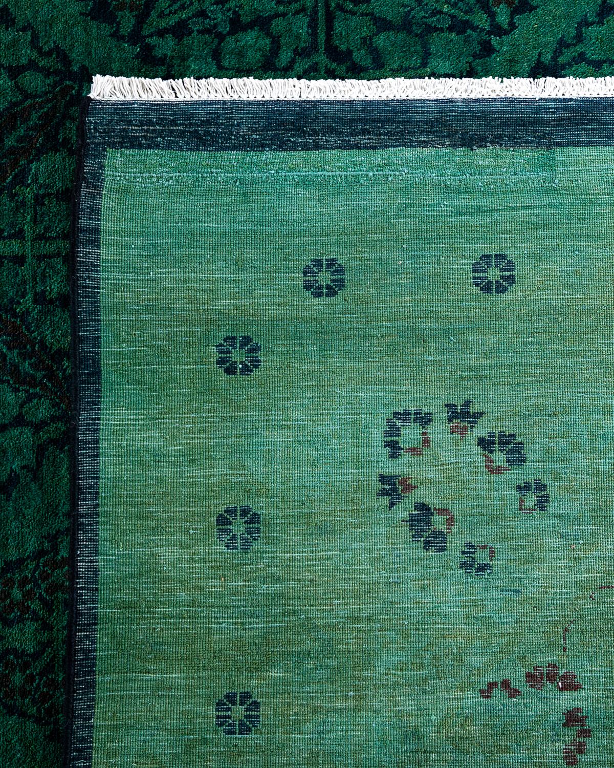 Contemporary Overdyed Hand Knotted Wool Green Area Rug For Sale 1