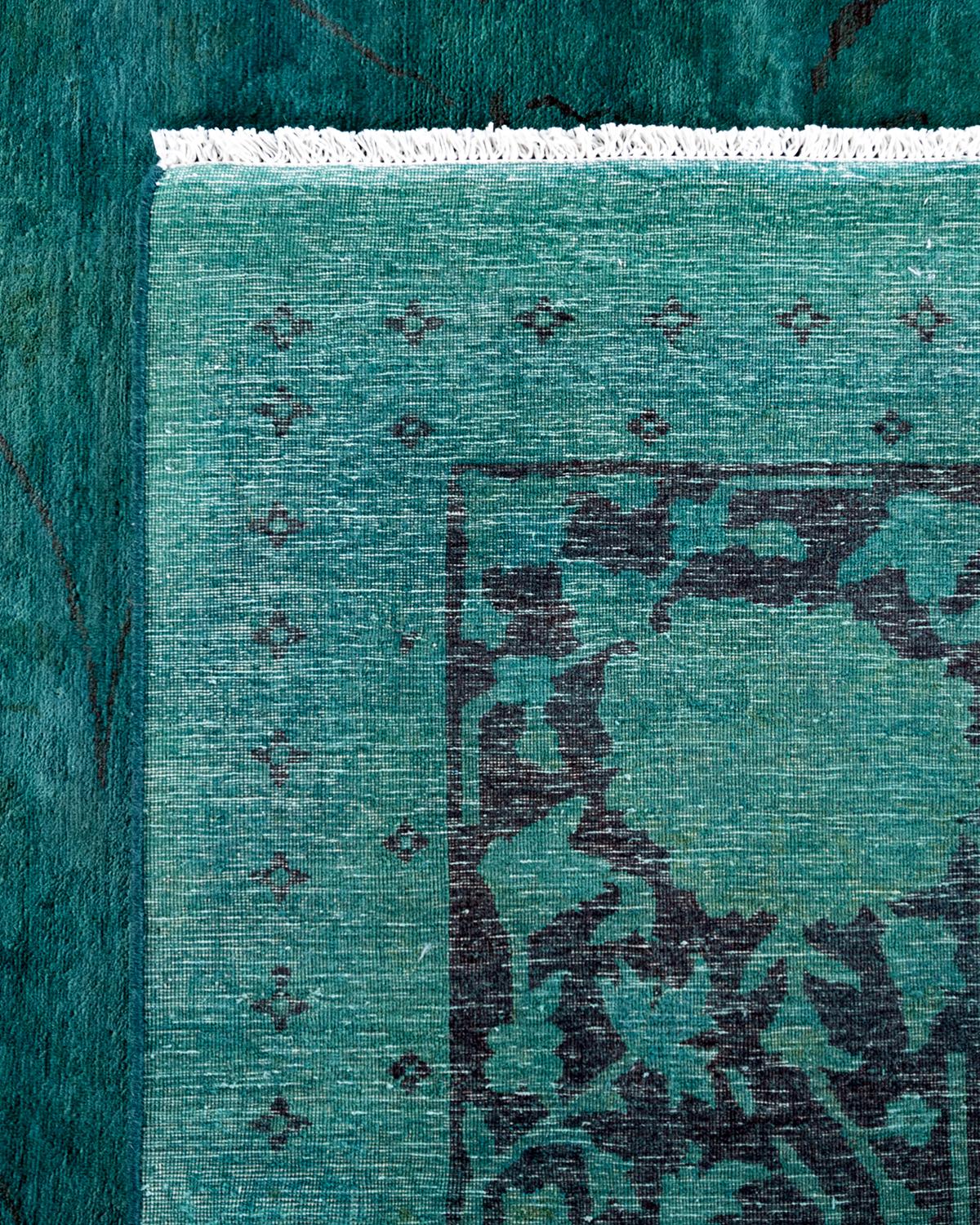 Contemporary Overdyed Hand Knotted Wool Green Area Rug For Sale 1