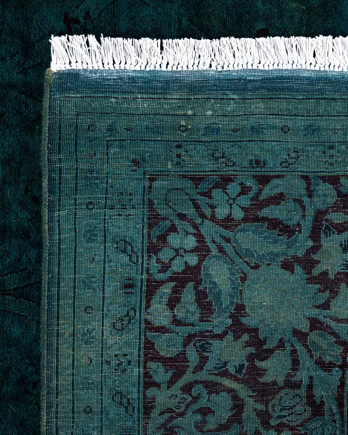 Contemporary Overdyed Hand Knotted Wool Green Area Rug For Sale 1