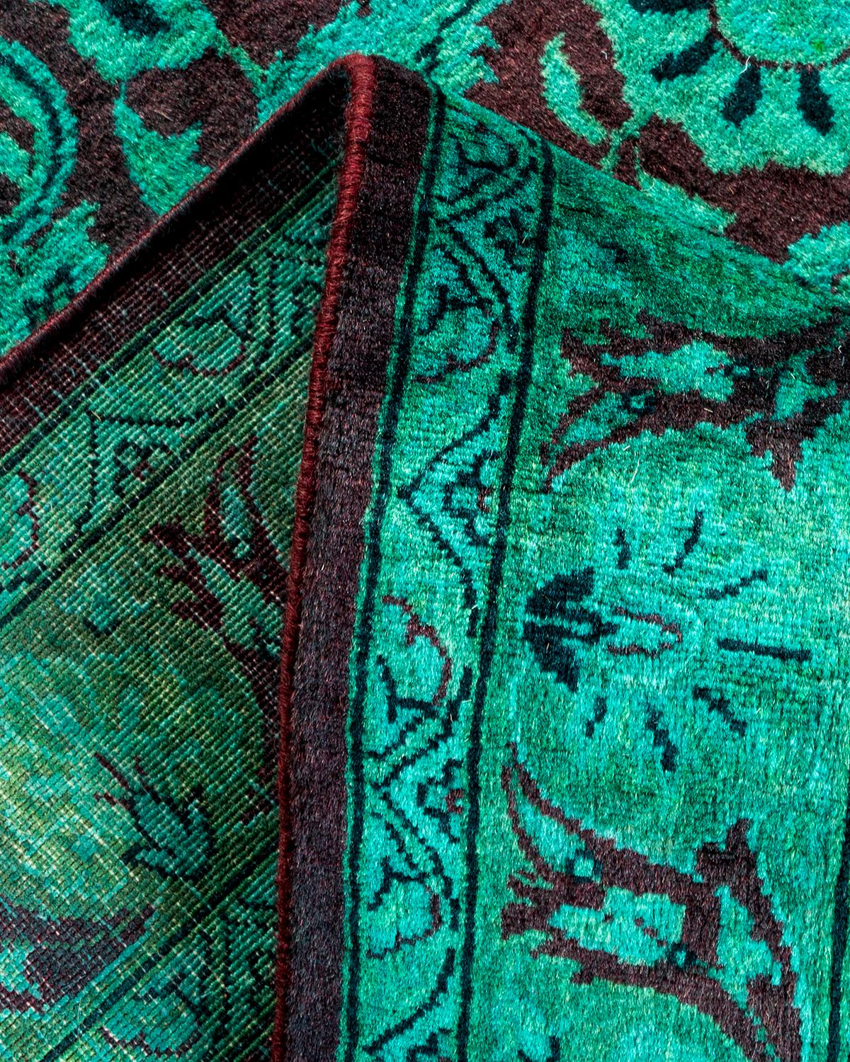 Contemporary Overdyed Hand Knotted Wool Green Area Rug For Sale 2