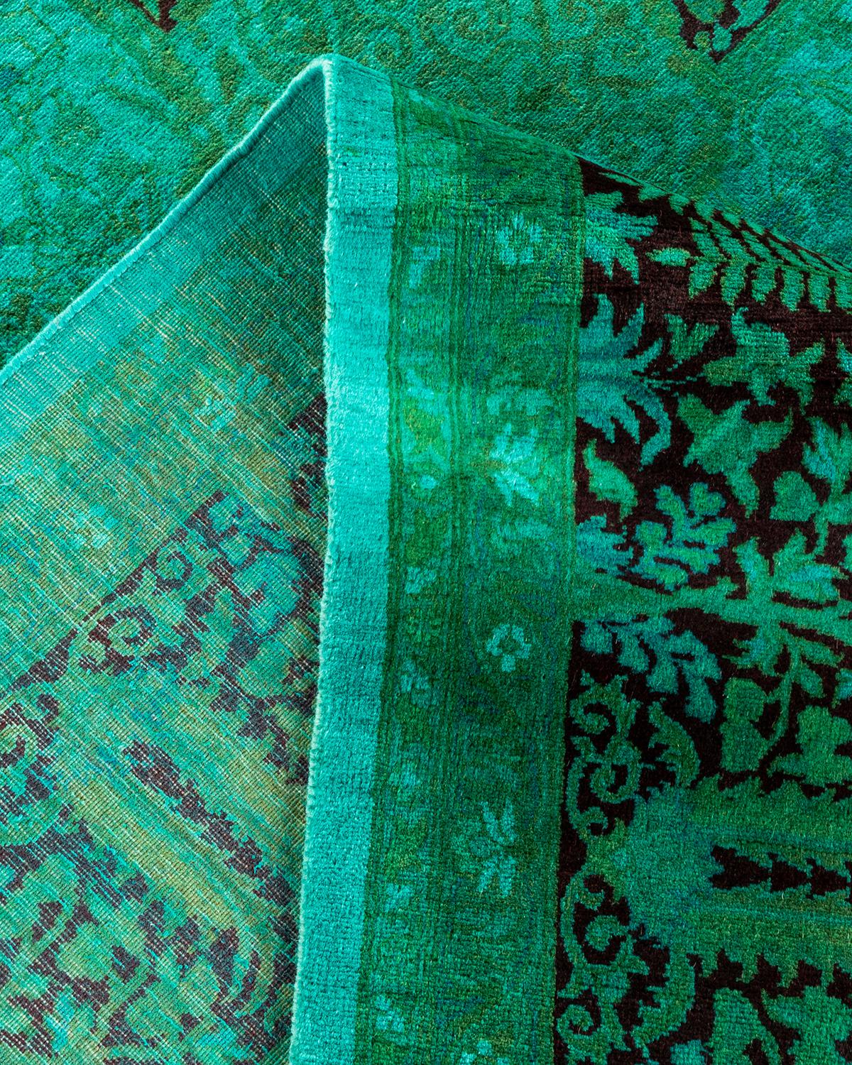 Contemporary Overdyed Hand Knotted Wool Green Area Rug For Sale 2