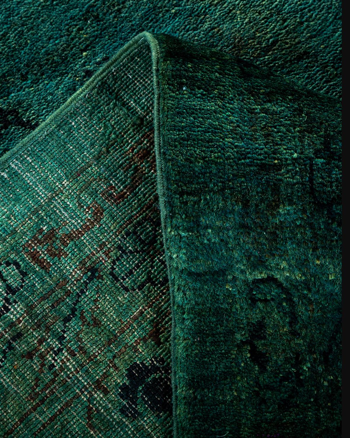 Contemporary Overdyed Hand Knotted Wool Green Area Rug For Sale 2