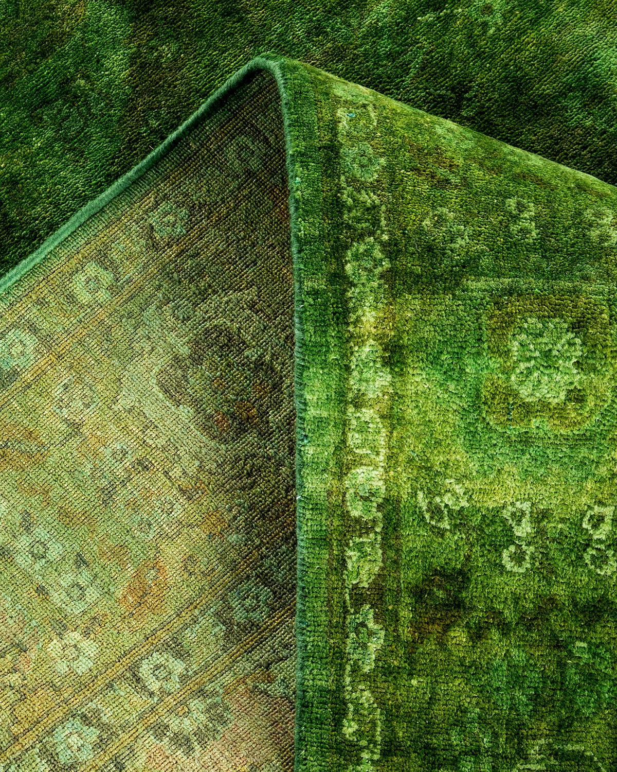 Contemporary Overdyed Hand Knotted Wool Green Area Rug For Sale 2