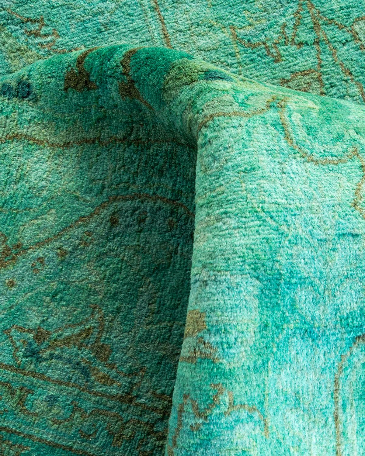 Contemporary Overdyed Hand Knotted Wool Green Area Rug For Sale 3