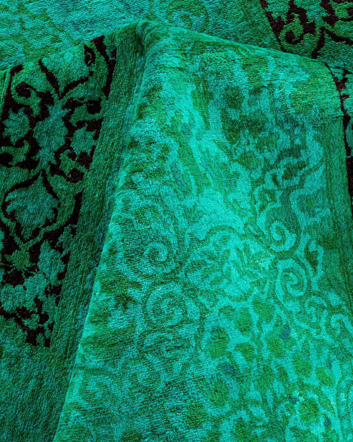 Contemporary Overdyed Hand Knotted Wool Green Area Rug For Sale 3