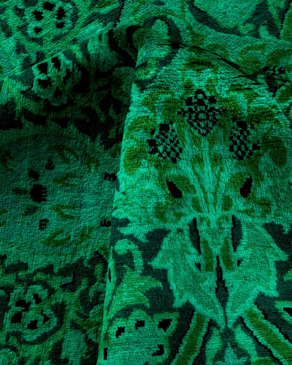Contemporary Overdyed Hand Knotted Wool Green Area Rug For Sale 3