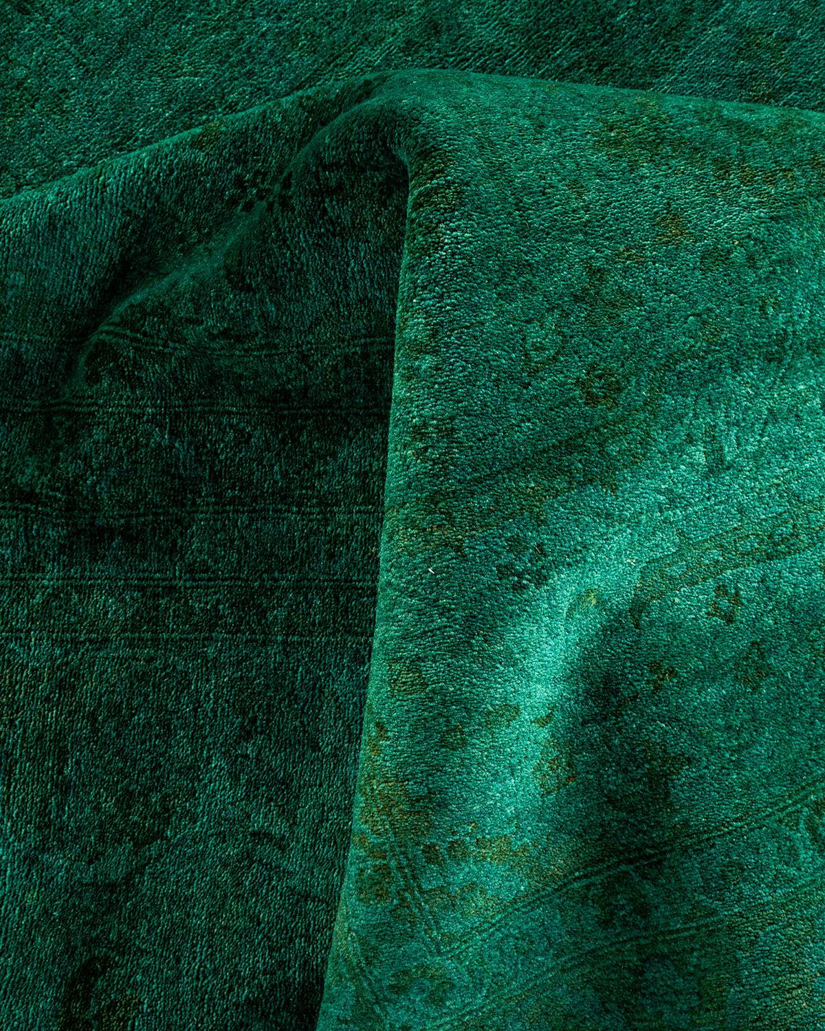 Contemporary Overdyed Hand Knotted Wool Green Area Rug For Sale 3