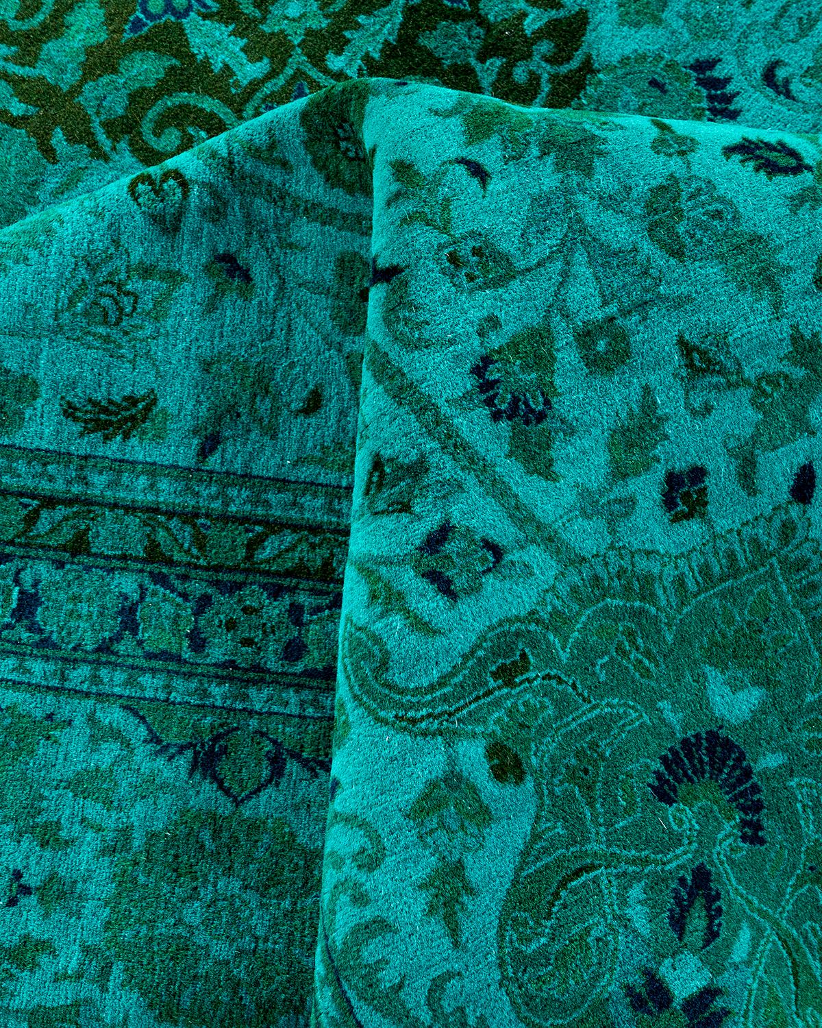Contemporary Overdyed Hand Knotted Wool Green Area Rug For Sale 3