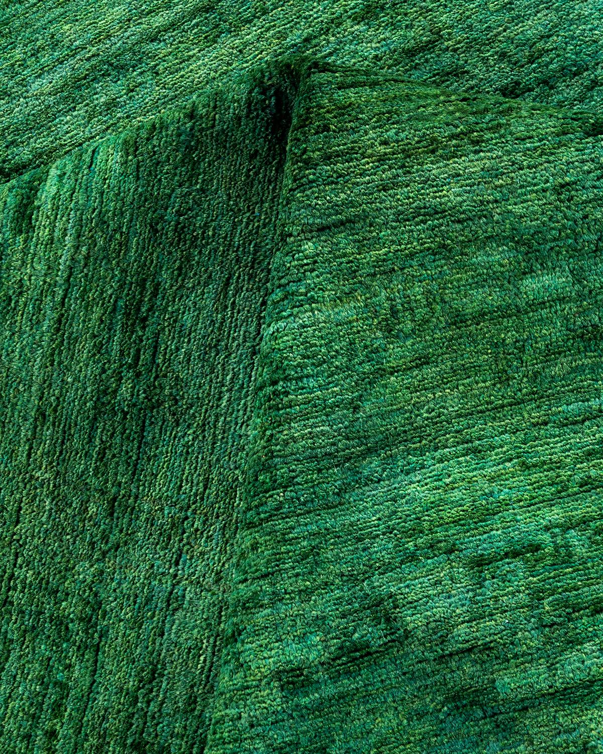 Contemporary Overdyed Hand Knotted Wool Green Area Rug For Sale 3
