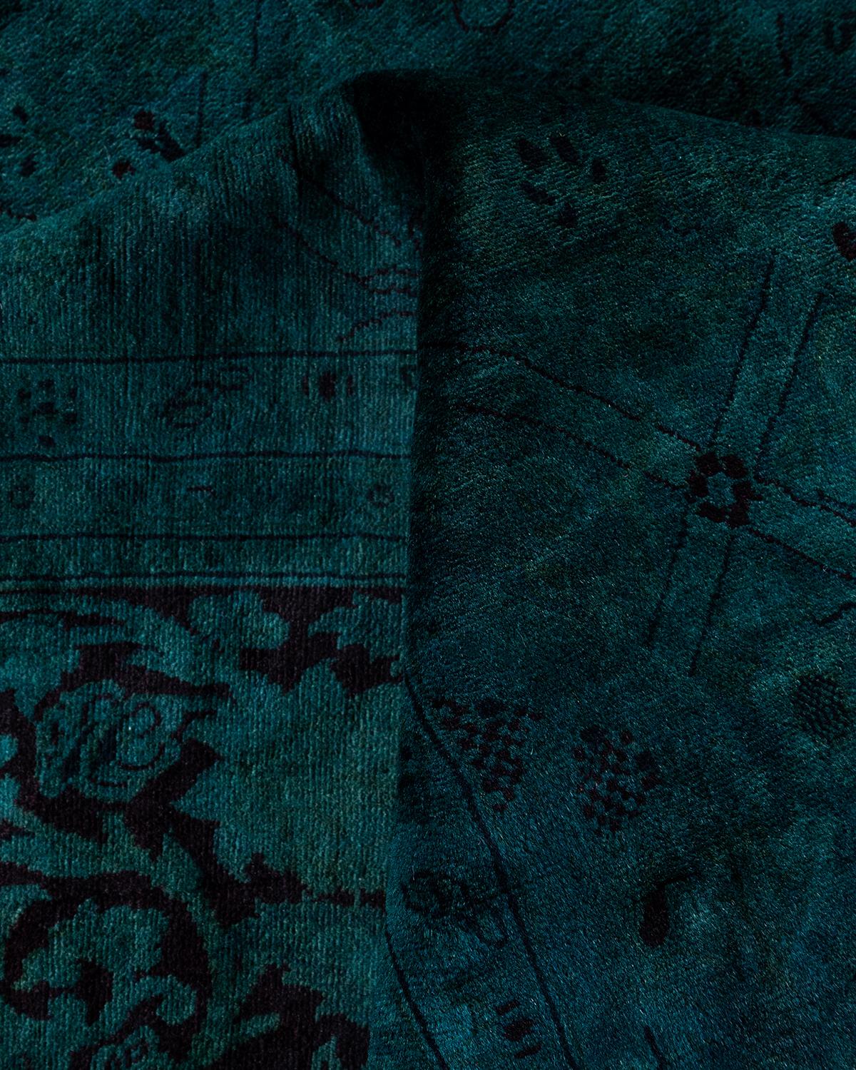 Contemporary Overdyed Hand Knotted Wool Green Area Rug For Sale 3