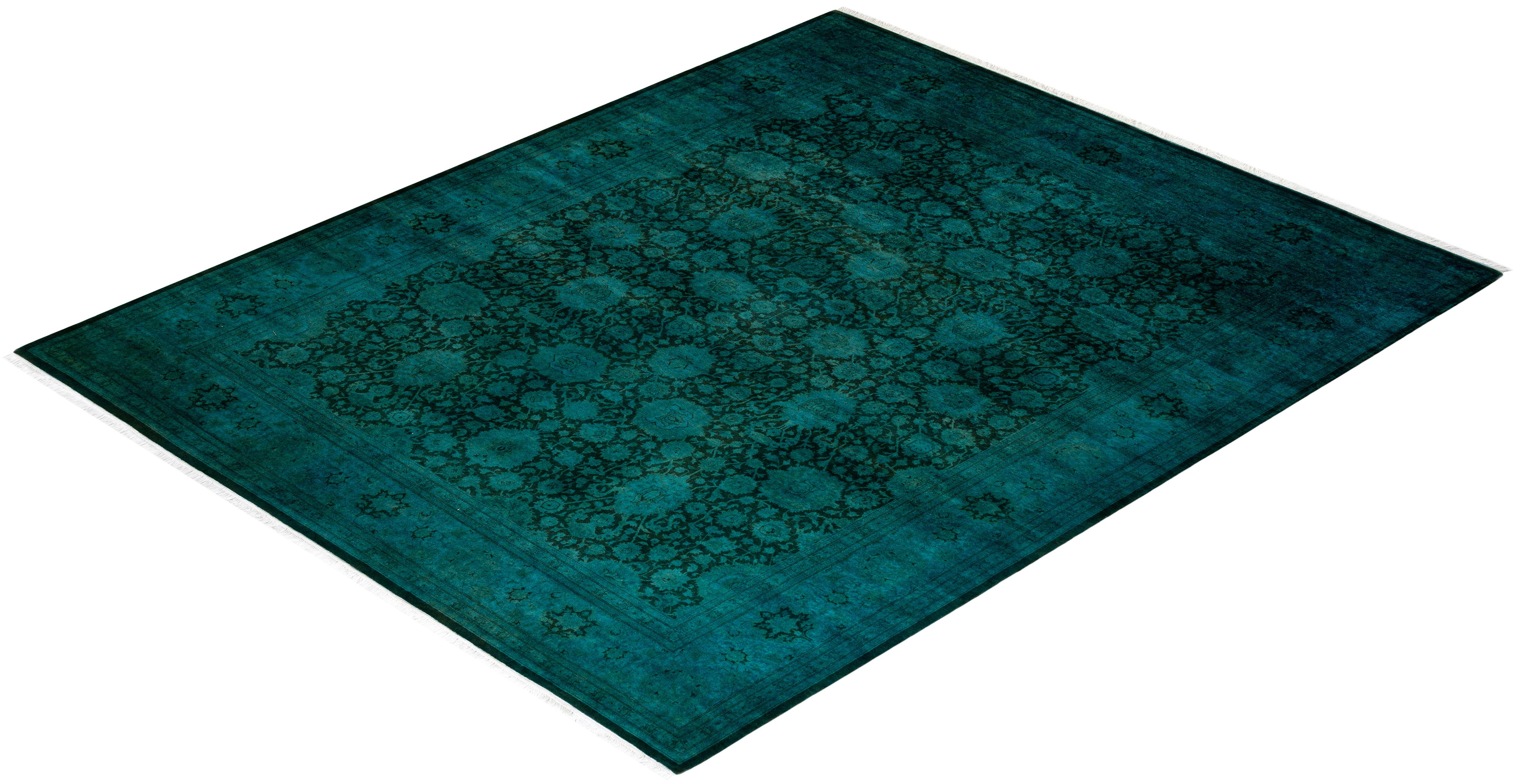 Contemporary Overdyed Hand Knotted Wool Green Area Rug (tapis en laine surteinte nouée à la main) en vente 2