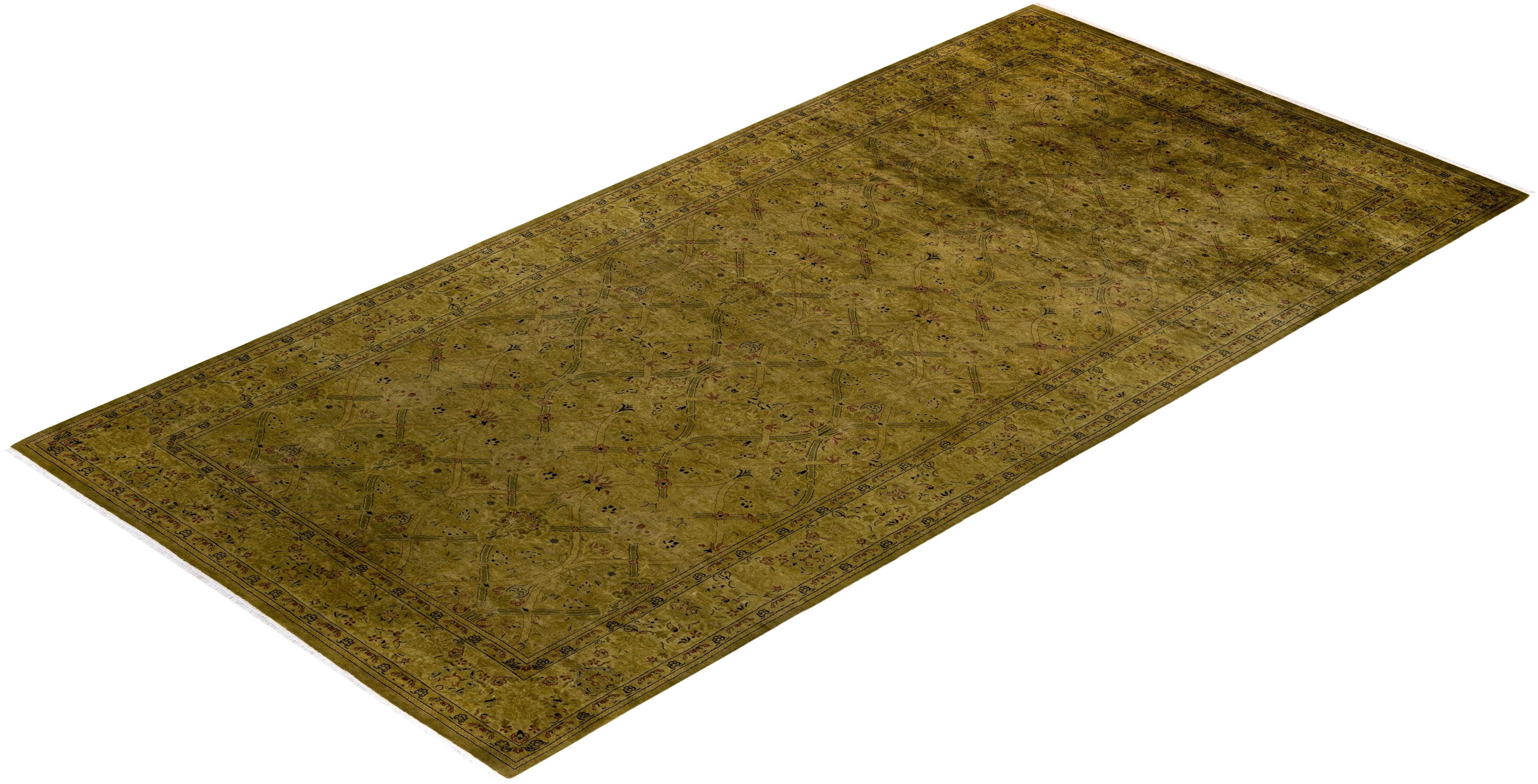 Contemporary Overdyed Hand Knotted Wool Green Area Rug For Sale 4