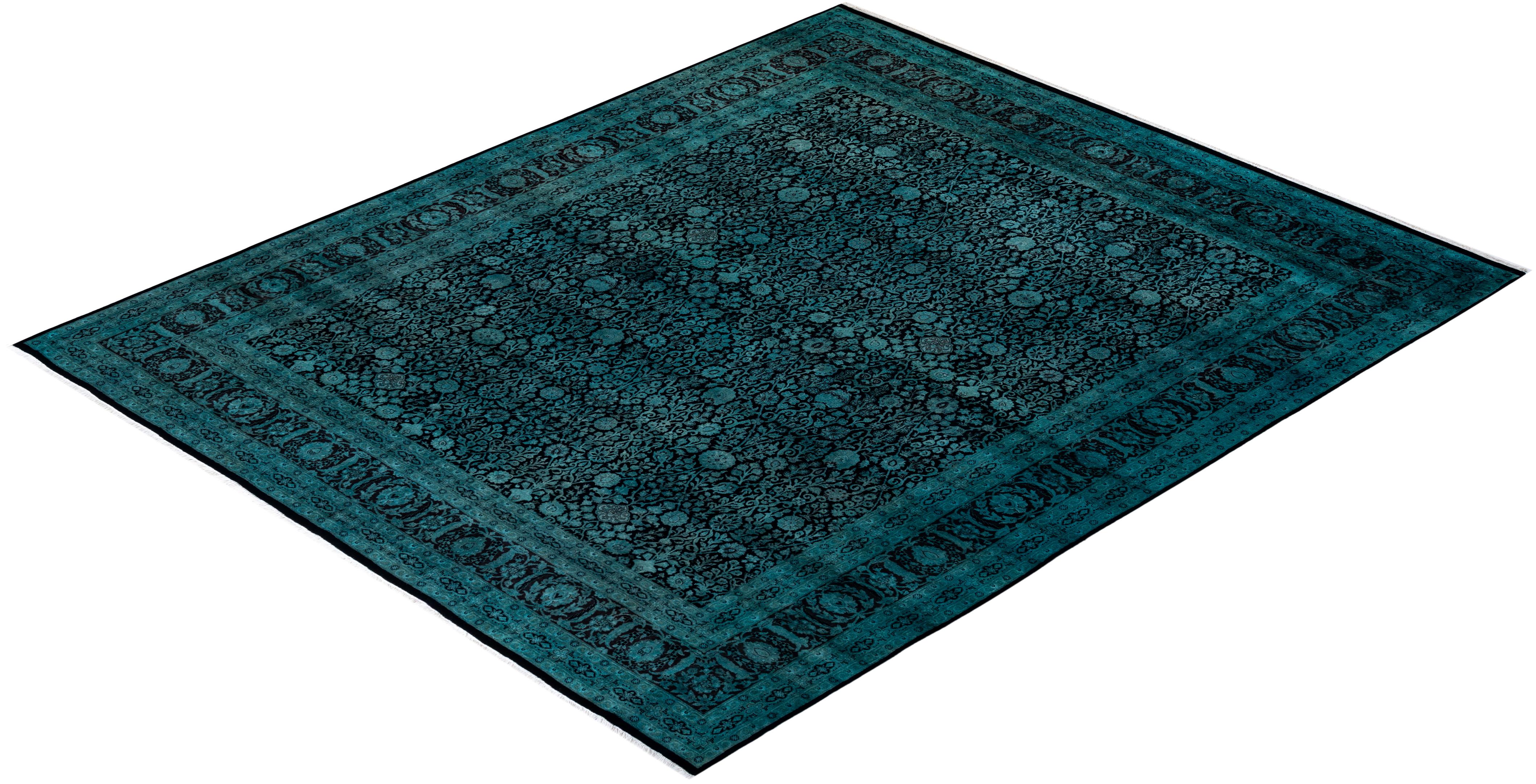 Contemporary Overdyed Hand Knotted Wool Green Area Rug For Sale 4