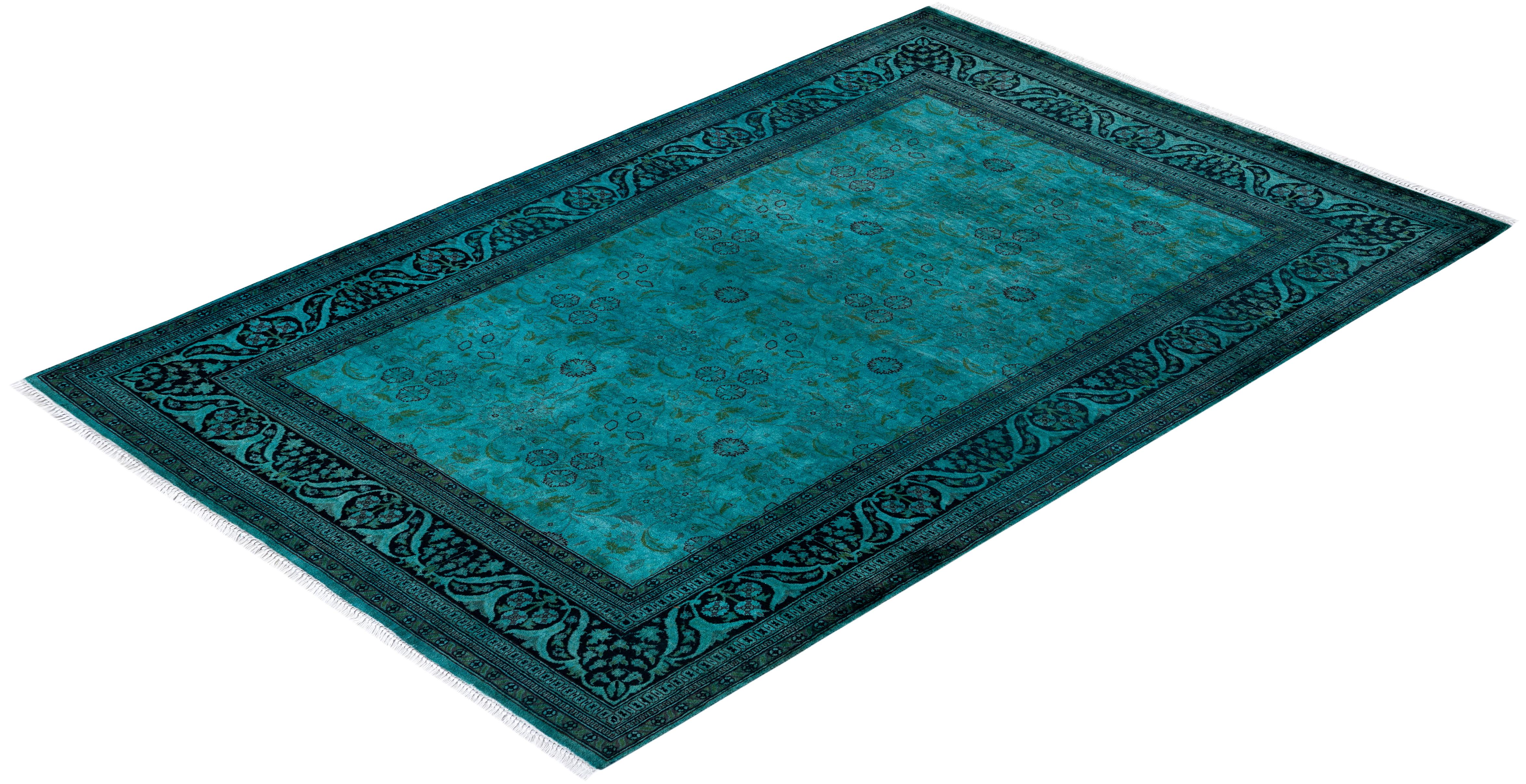 Contemporary Overdyed Hand Knotted Wool Green Area Rug For Sale 4