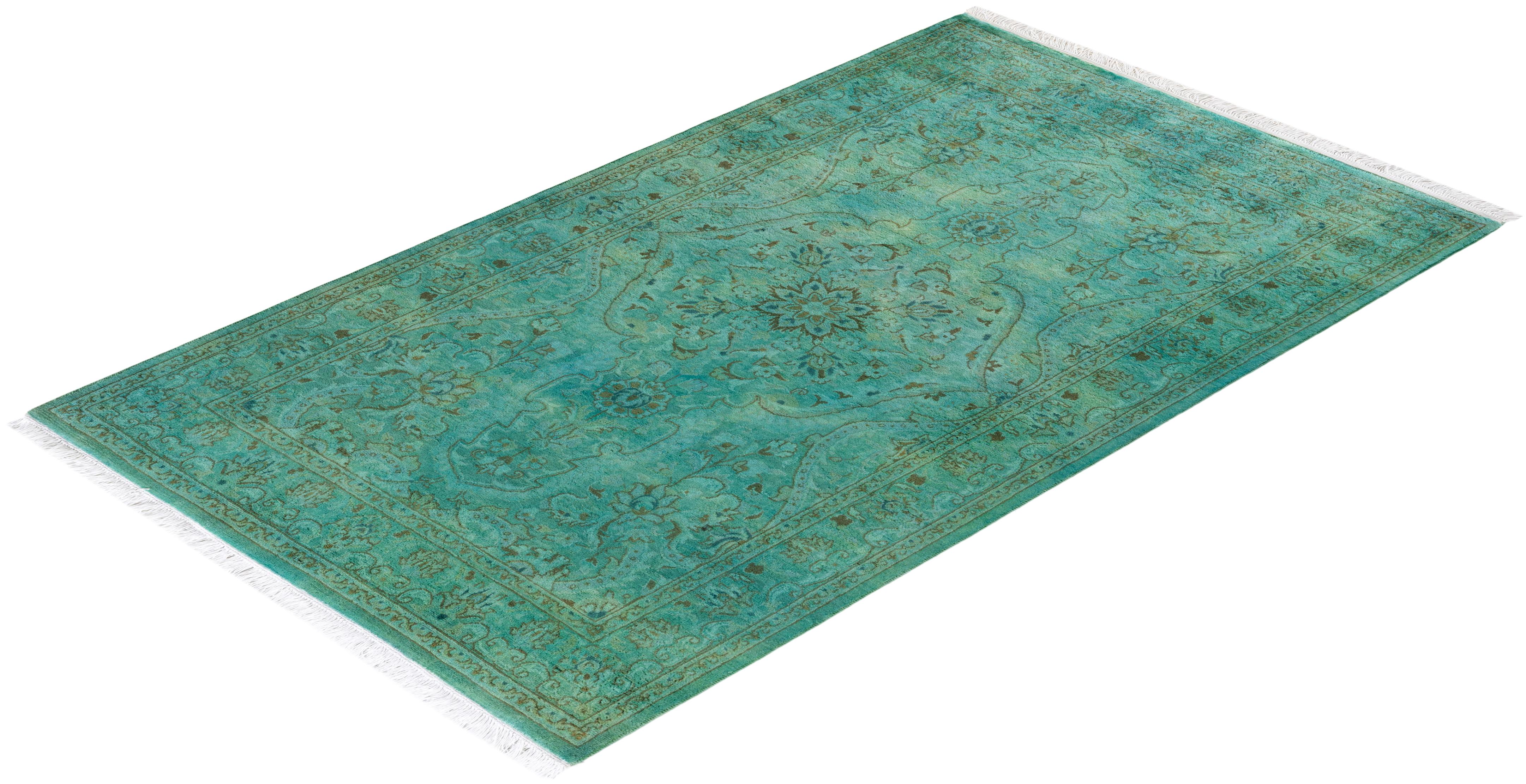 Contemporary Overdyed Hand Knotted Wool Green Area Rug For Sale 4