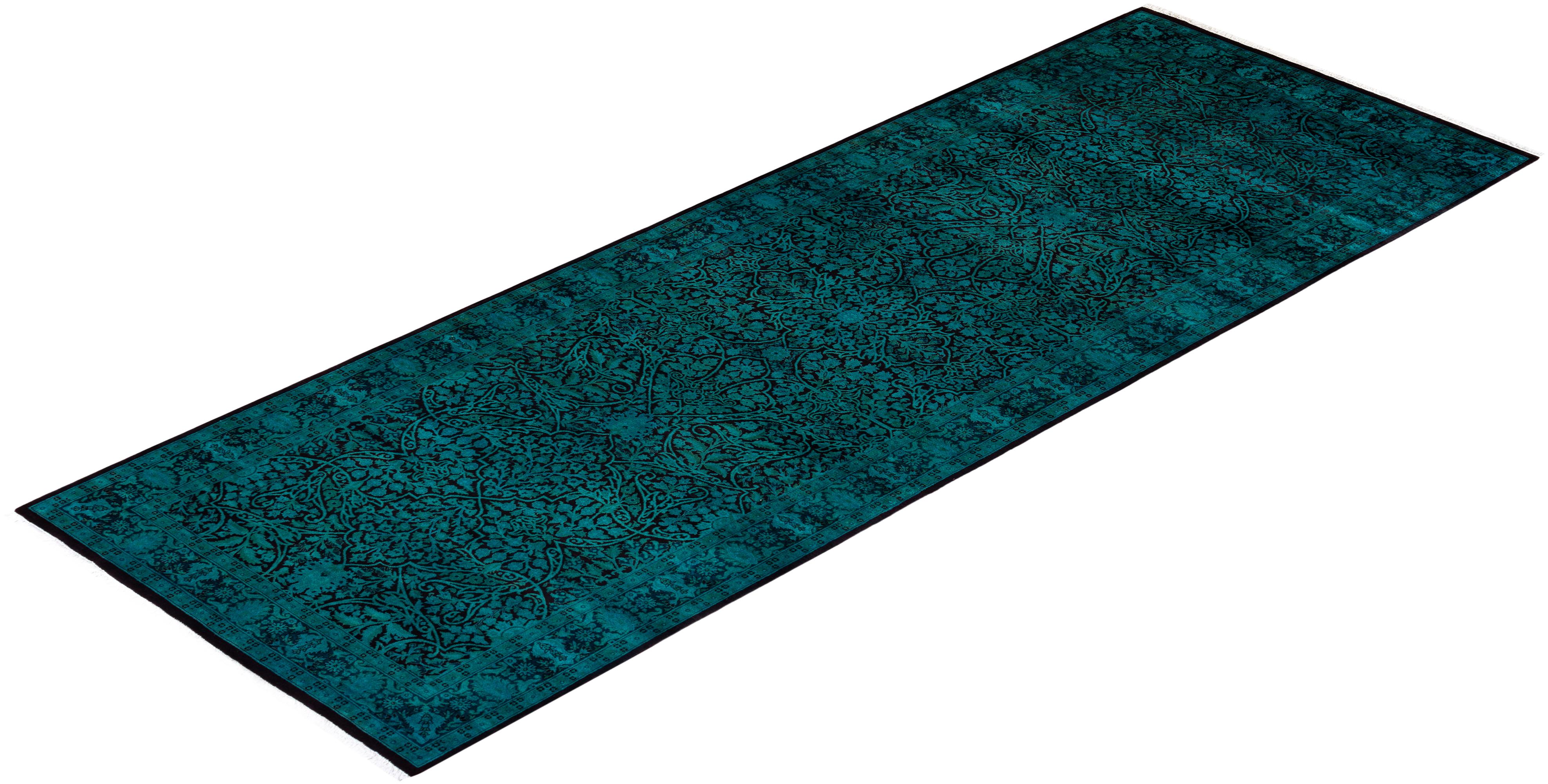 Contemporary Overdyed Hand Knotted Wool Green Area Rug For Sale 4