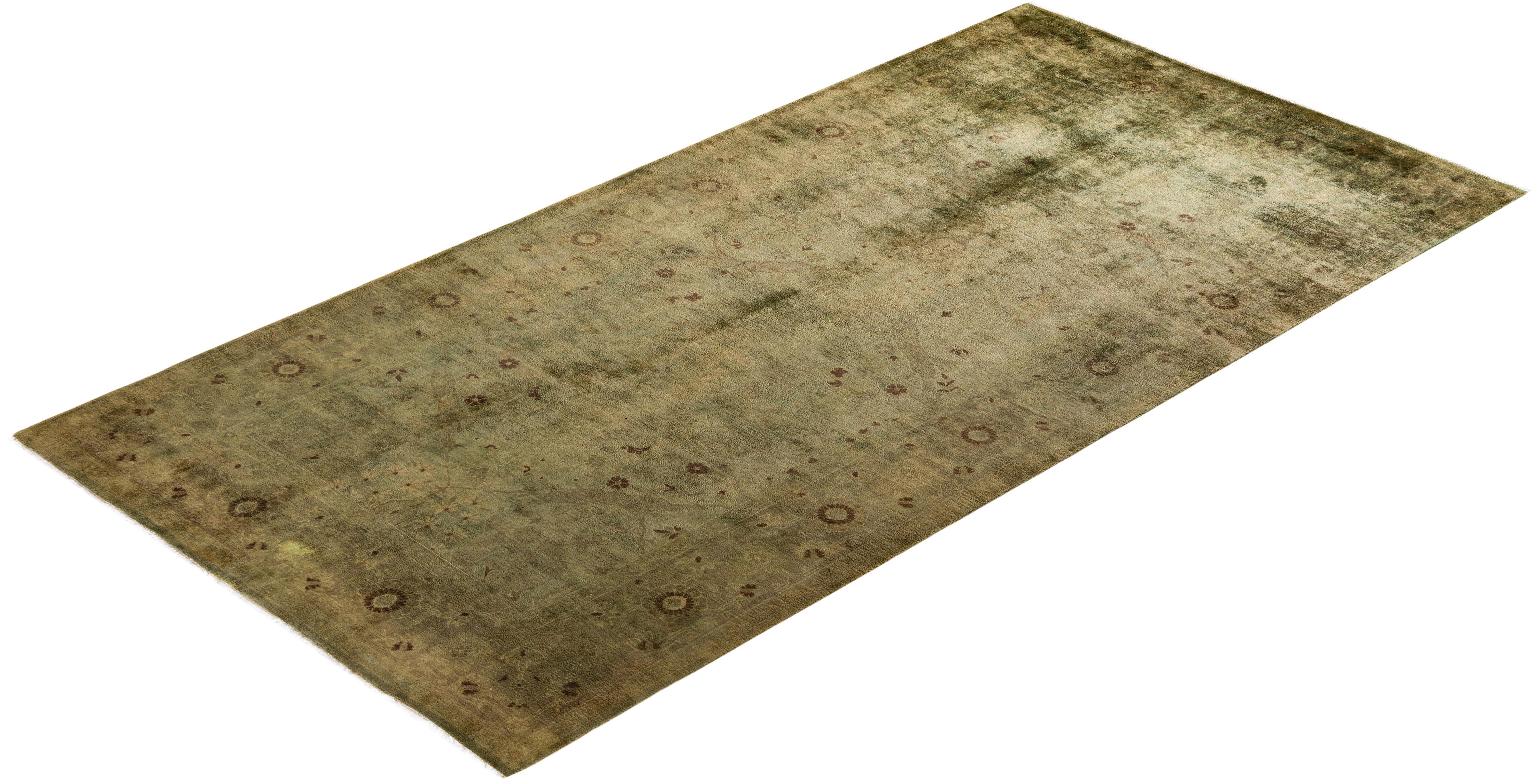 Contemporary Overdyed Hand Knotted Wool Green Area Rug For Sale 4