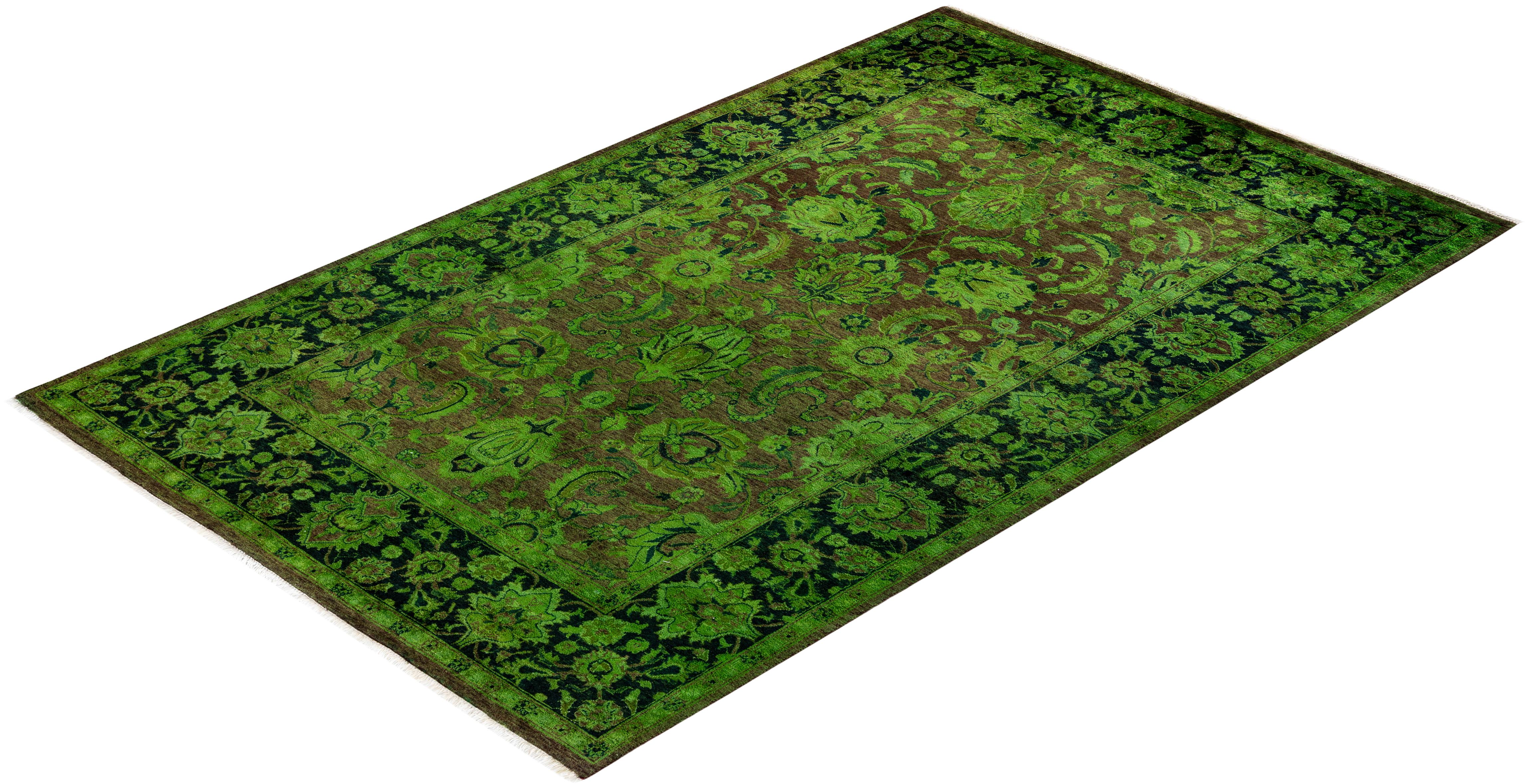 Contemporary Overdyed Hand Knotted Wool Green Area Rug For Sale 4