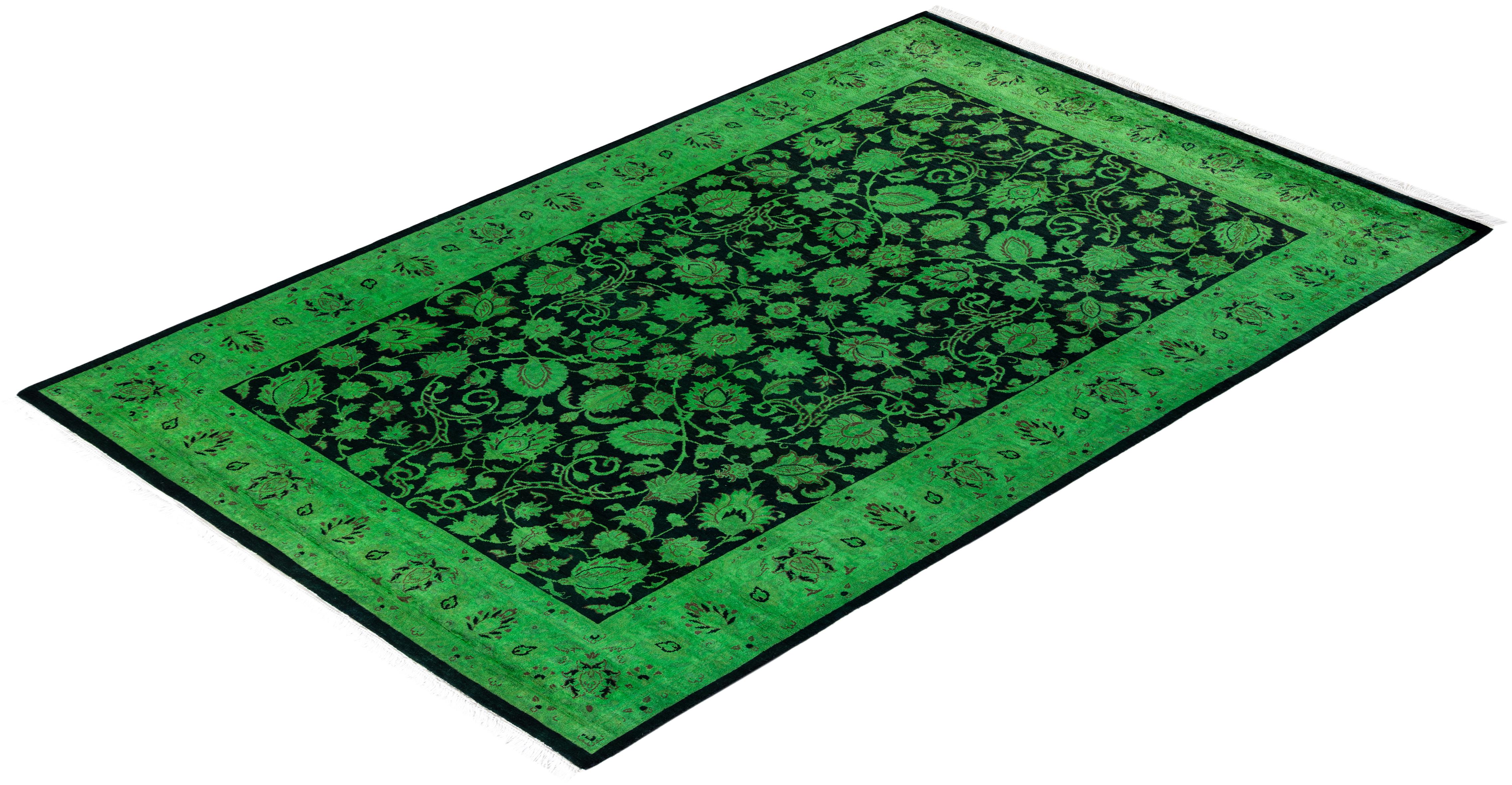 Contemporary Overdyed Hand Knotted Wool Green Area Rug For Sale 4