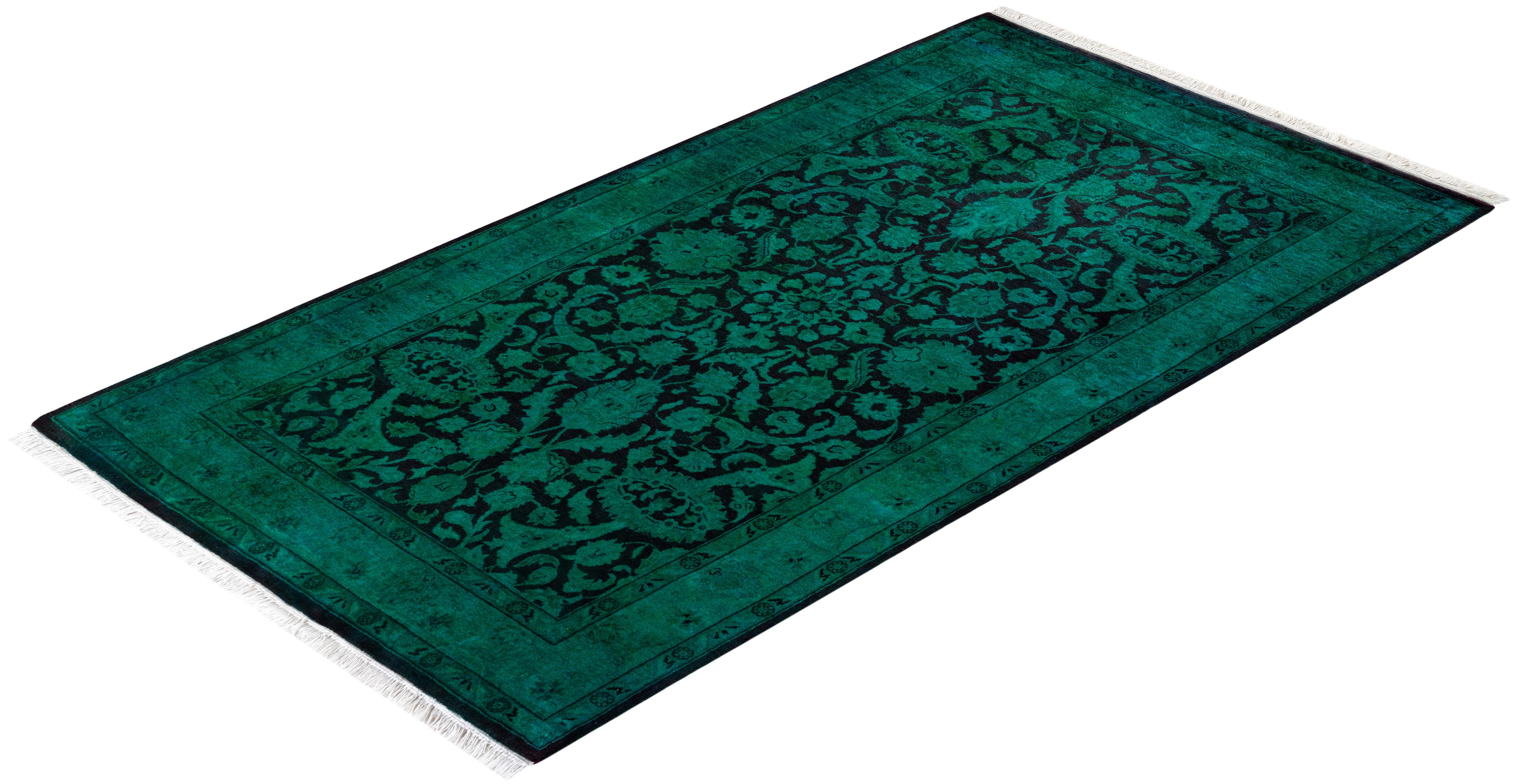 Contemporary Overdyed Hand Knotted Wool Green Area Rug For Sale 4