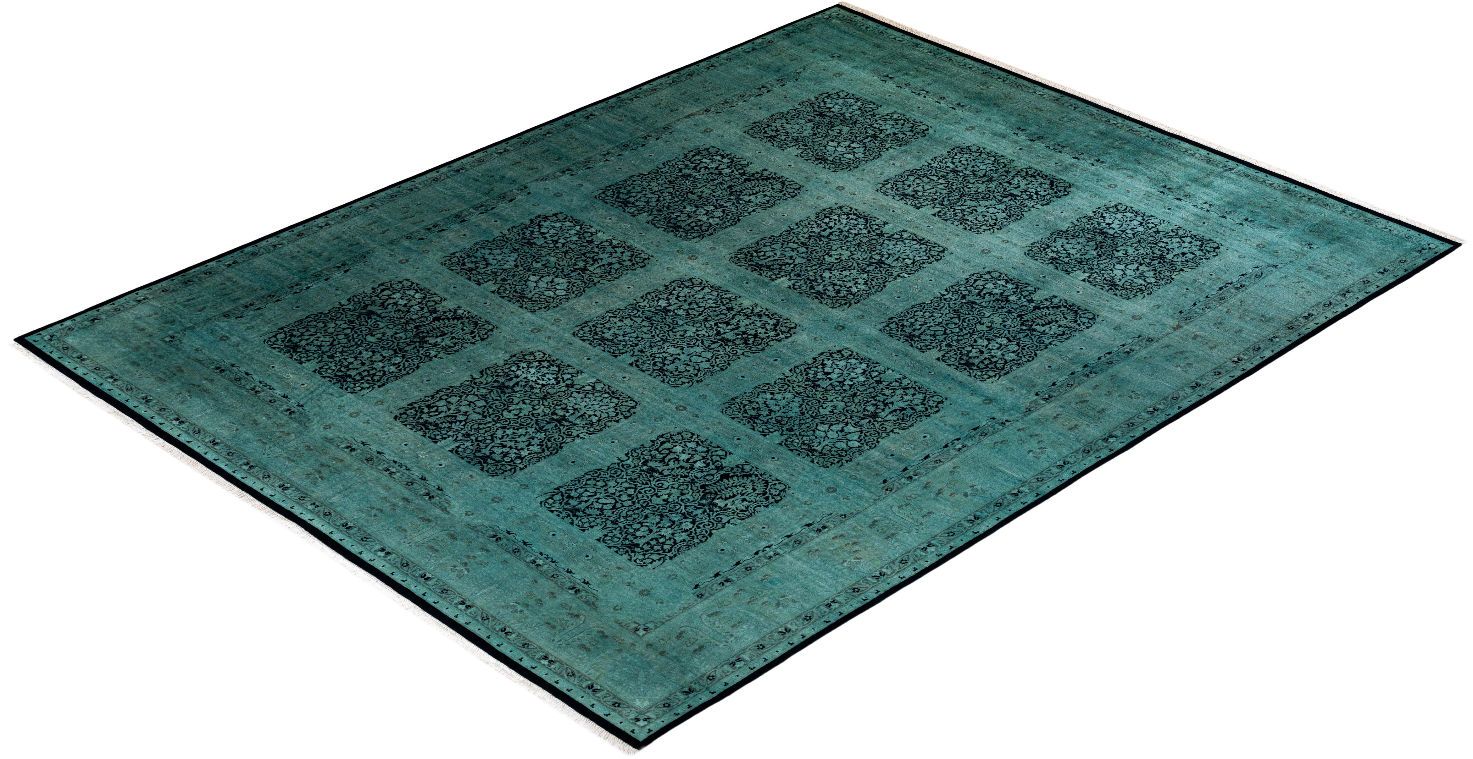 Contemporary Overdyed Hand Knotted Wool Green Area Rug For Sale 4