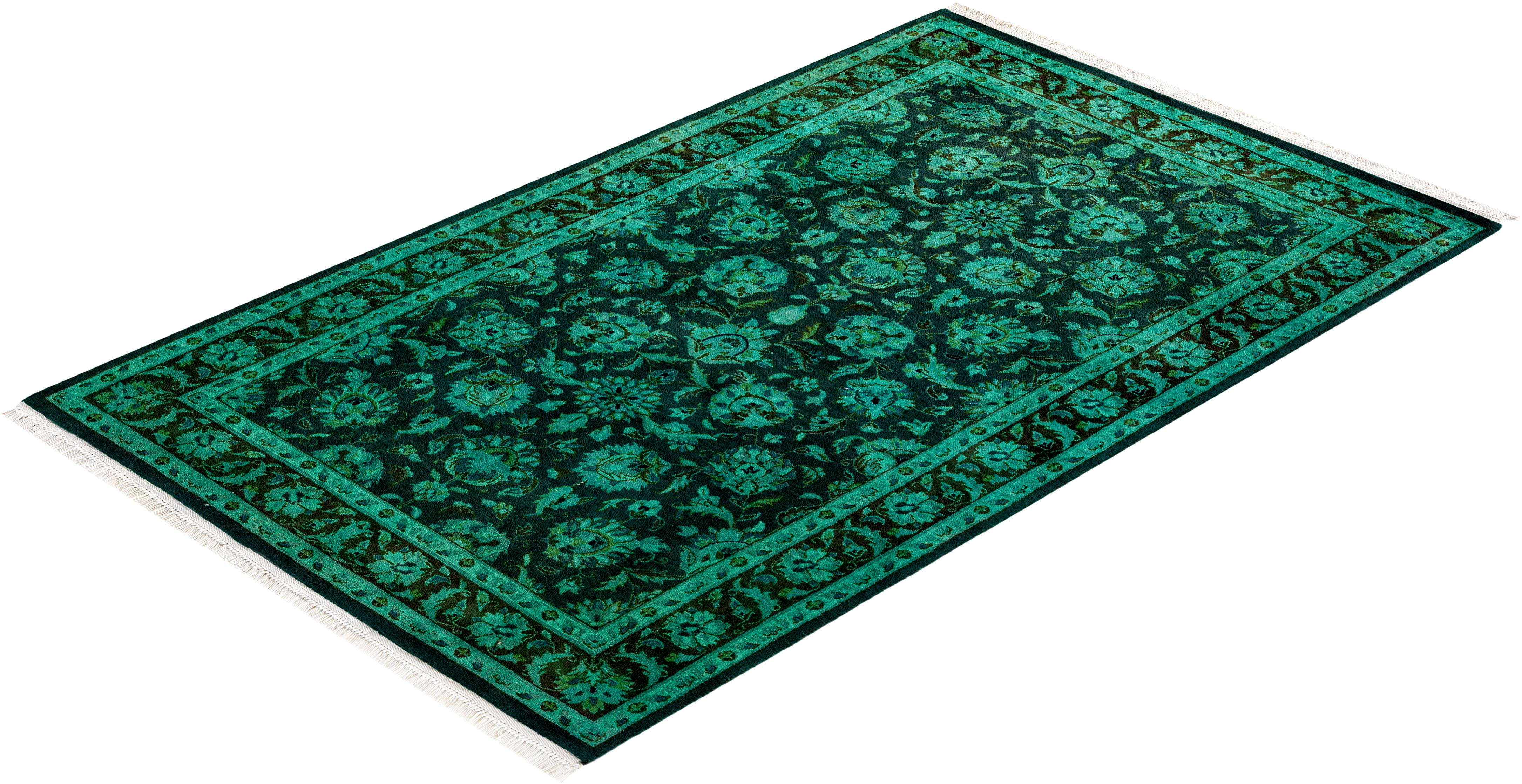 Contemporary Overdyed Hand Knotted Wool Green Area Rug (tapis en laine surteinte nouée à la main) en vente 2
