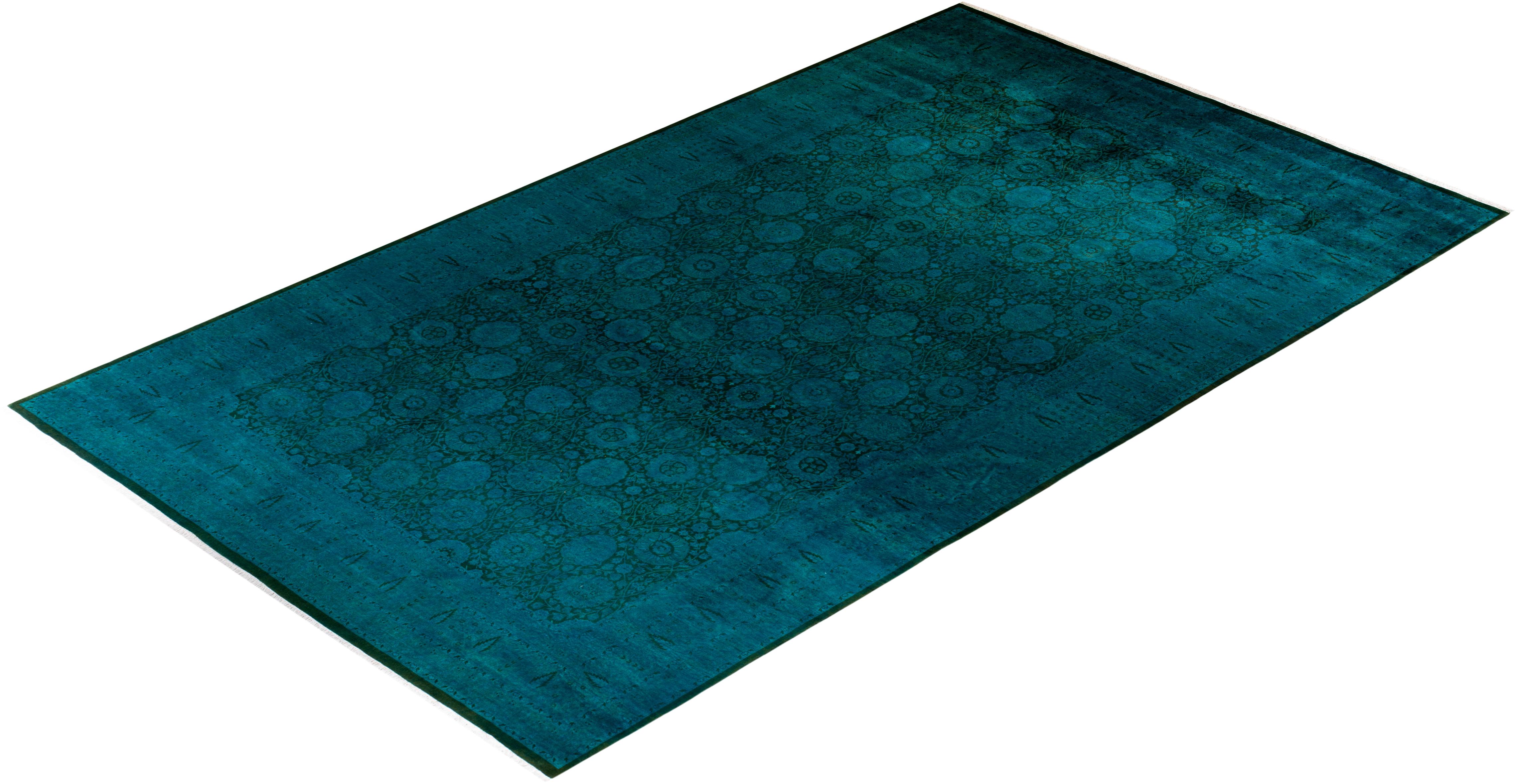 Contemporary Overdyed Hand Knotted Wool Green Area Rug For Sale 4
