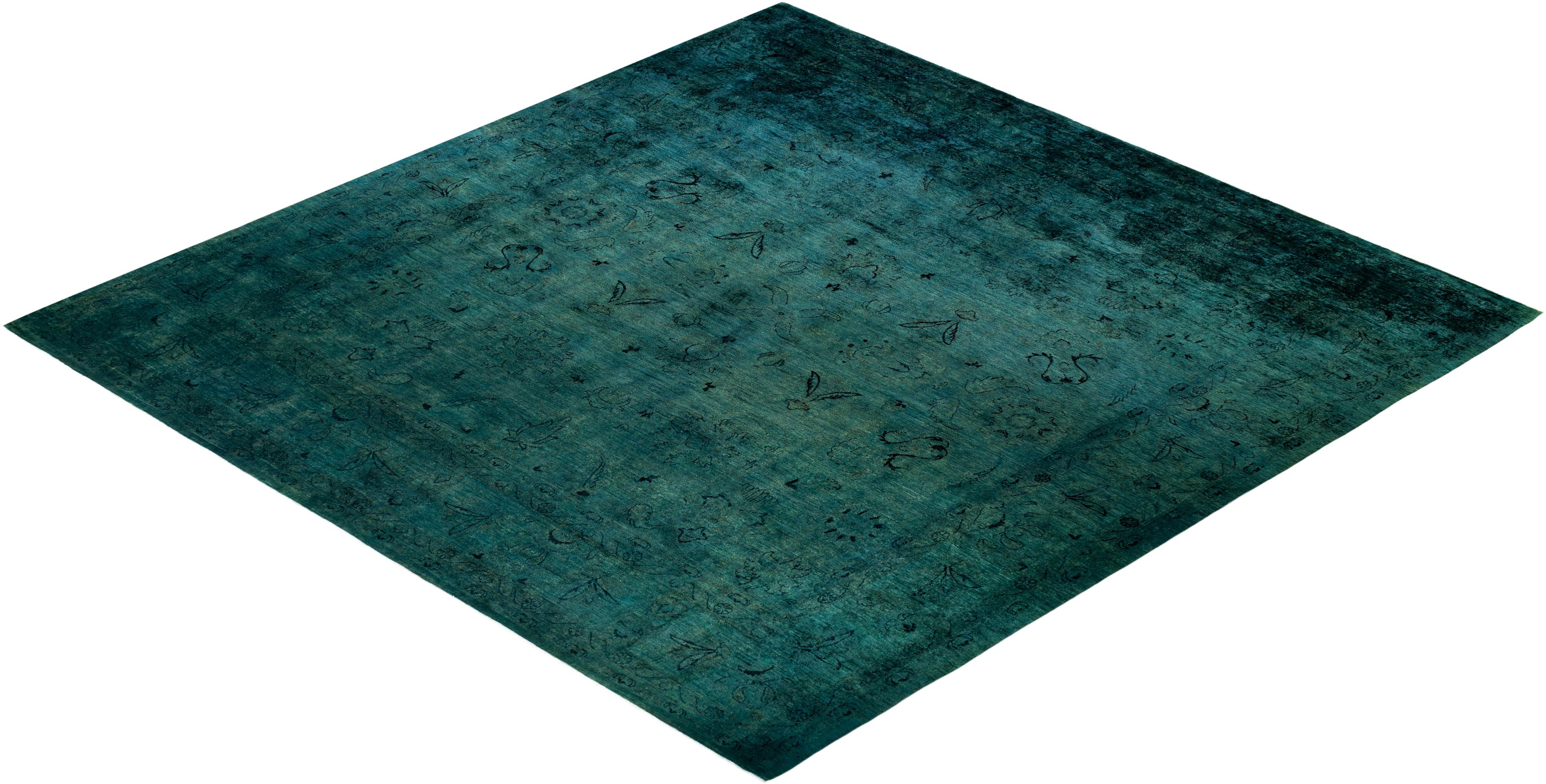 Contemporary Overdyed Hand Knotted Wool Green Area Rug For Sale 4