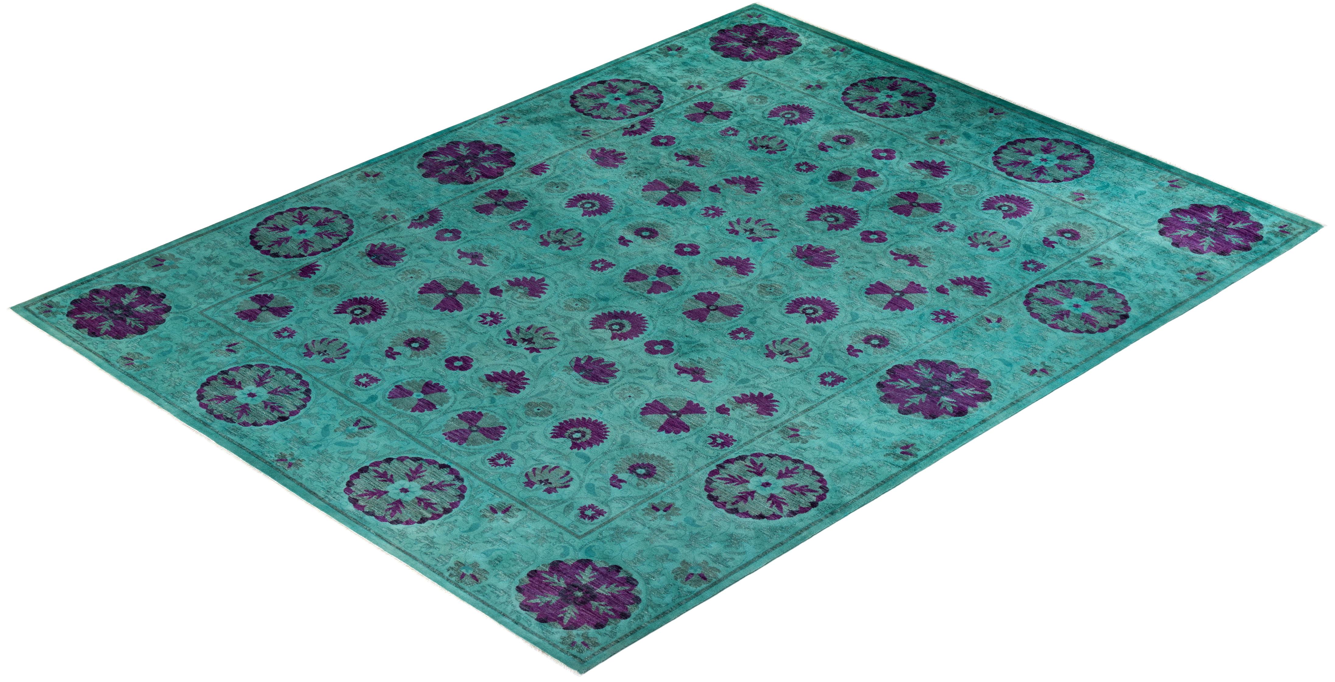 Contemporary Overdyed Hand Knotted Wool Green Area Rug For Sale 4