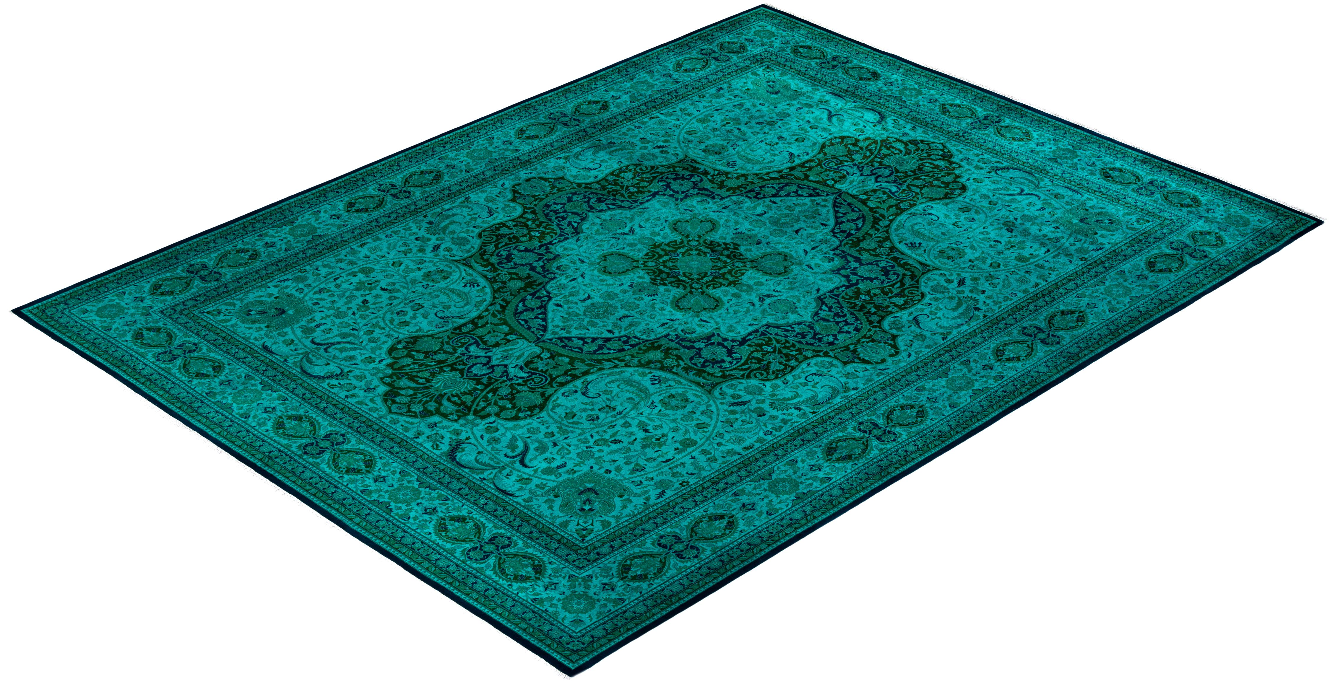 Contemporary Overdyed Hand Knotted Wool Green Area Rug For Sale 4
