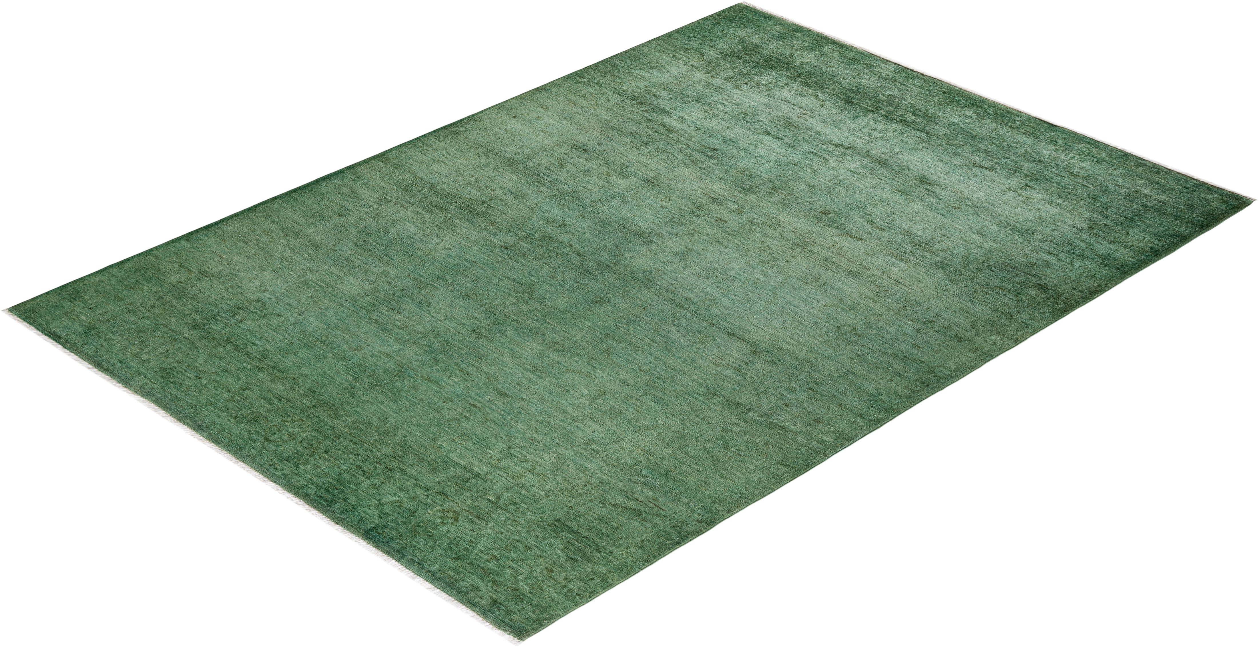 Contemporary Overdyed Hand Knotted Wool Green Area Rug For Sale 4
