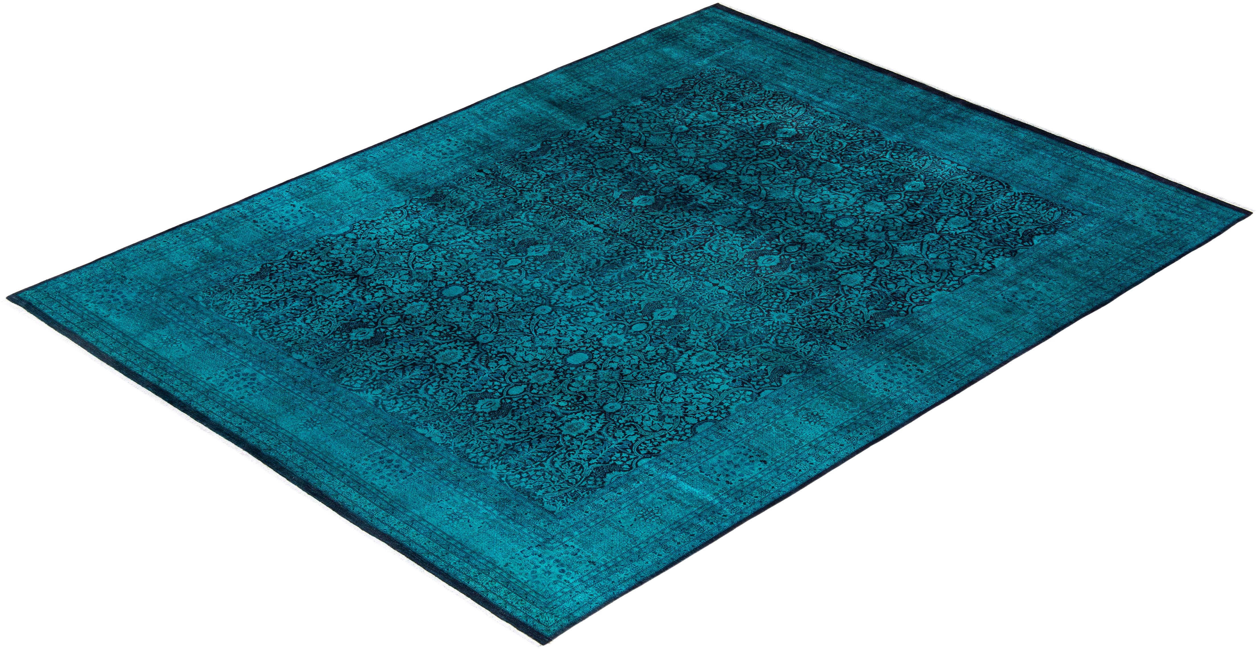 Contemporary Overdyed Hand Knotted Wool Green Area Rug For Sale 4