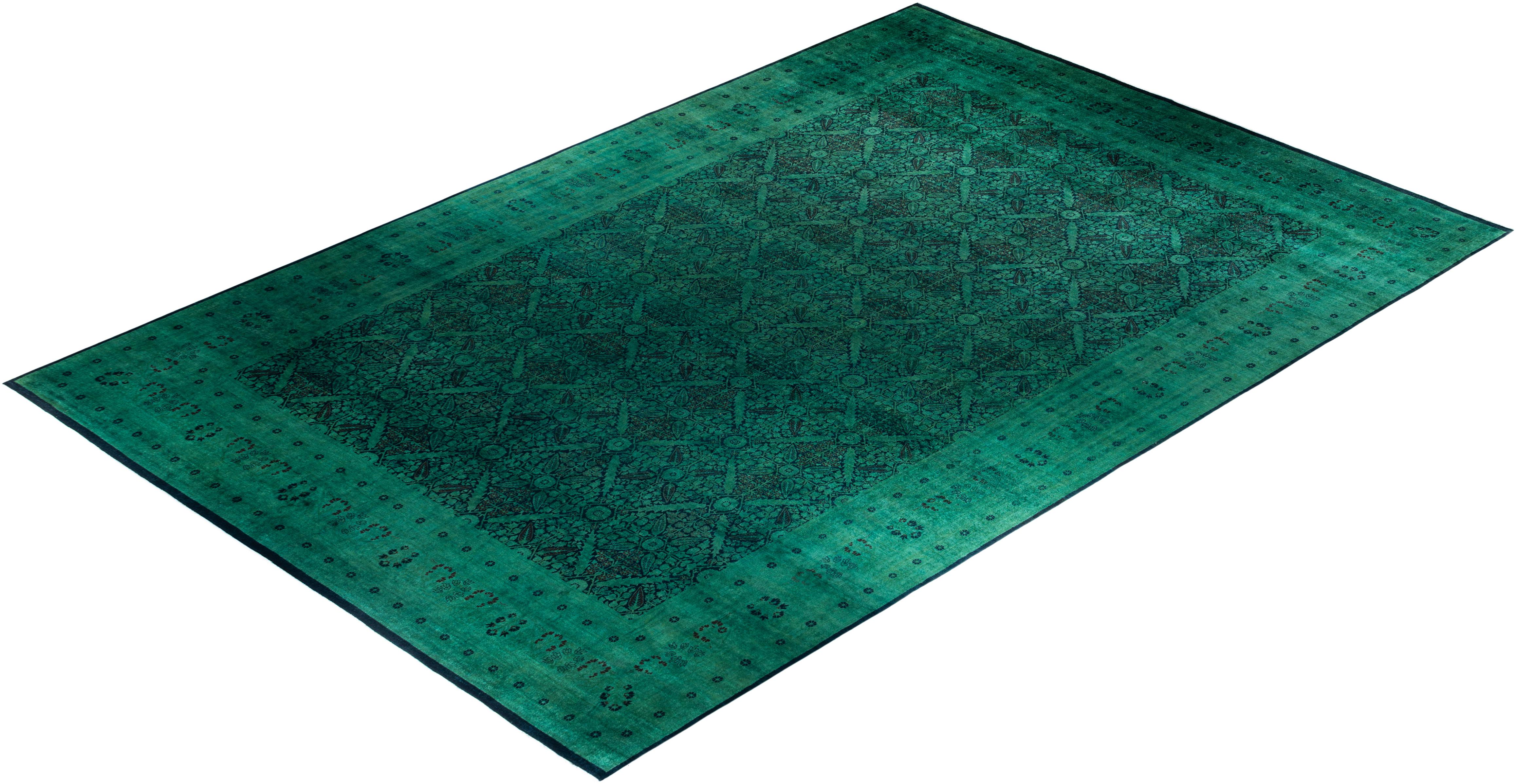 Contemporary Overdyed Hand Knotted Wool Green Area Rug For Sale 4