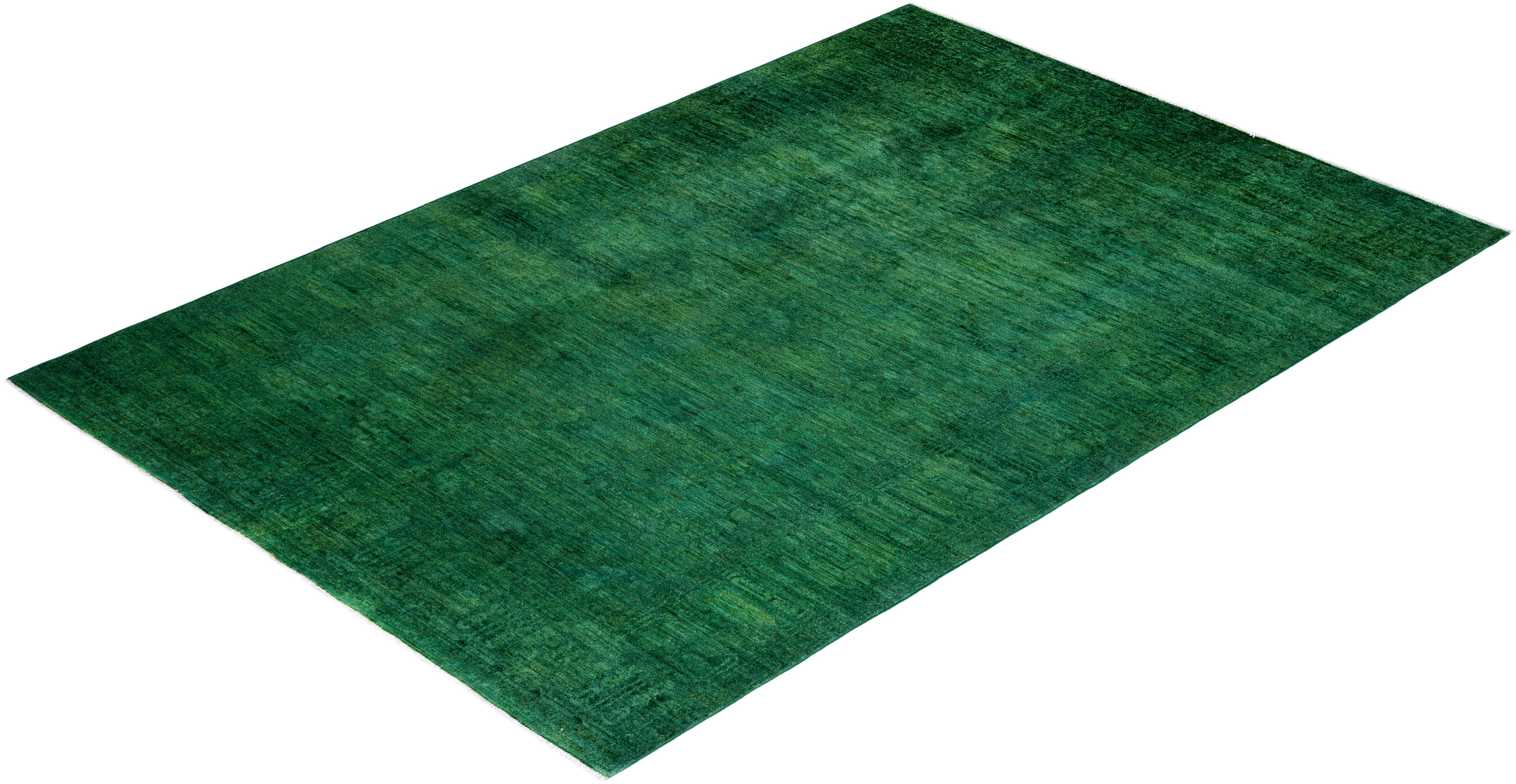 Contemporary Overdyed Hand Knotted Wool Green Area Rug For Sale 4