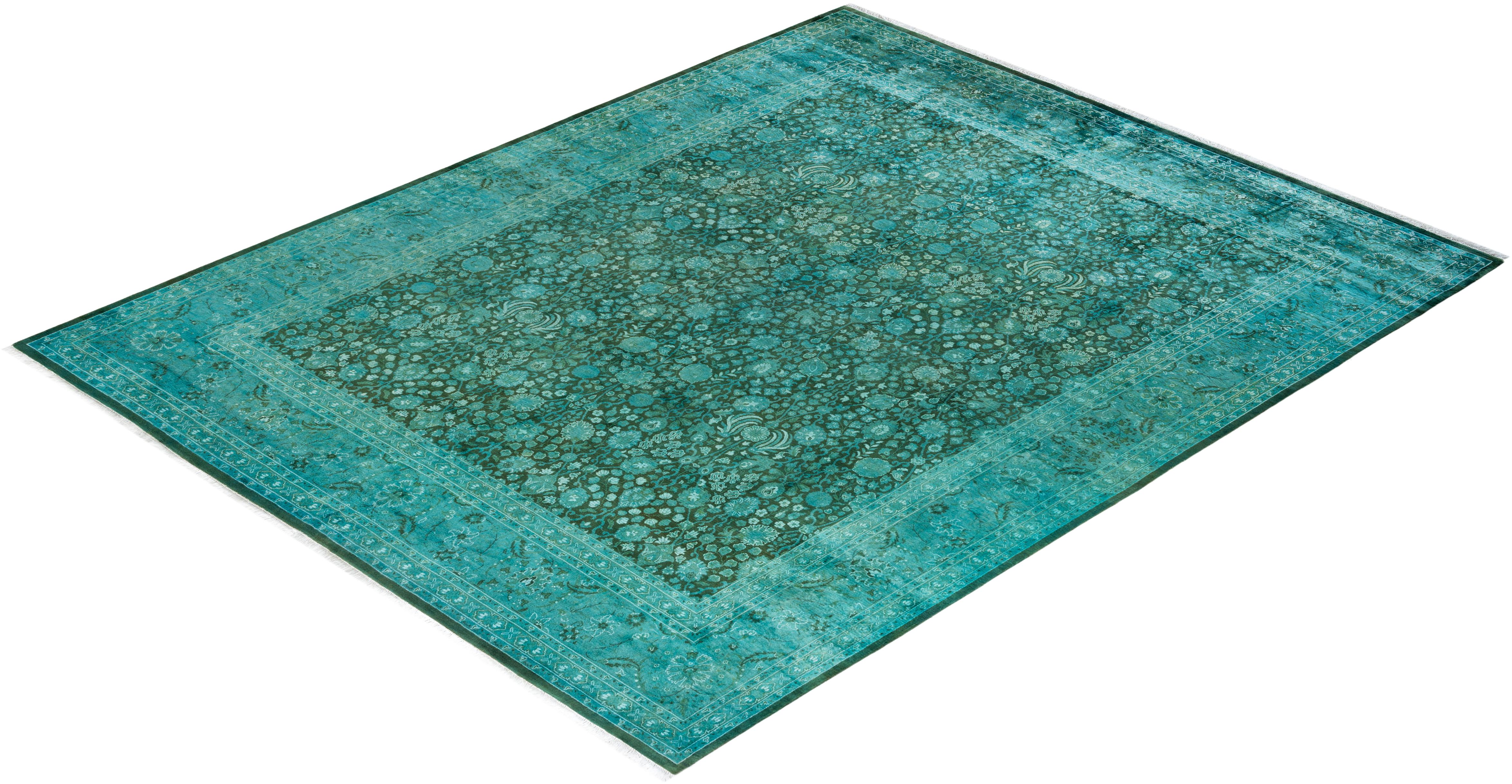 Contemporary Overdyed Hand Knotted Wool Green Area Rug (tapis en laine surteinte nouée à la main) en vente 2