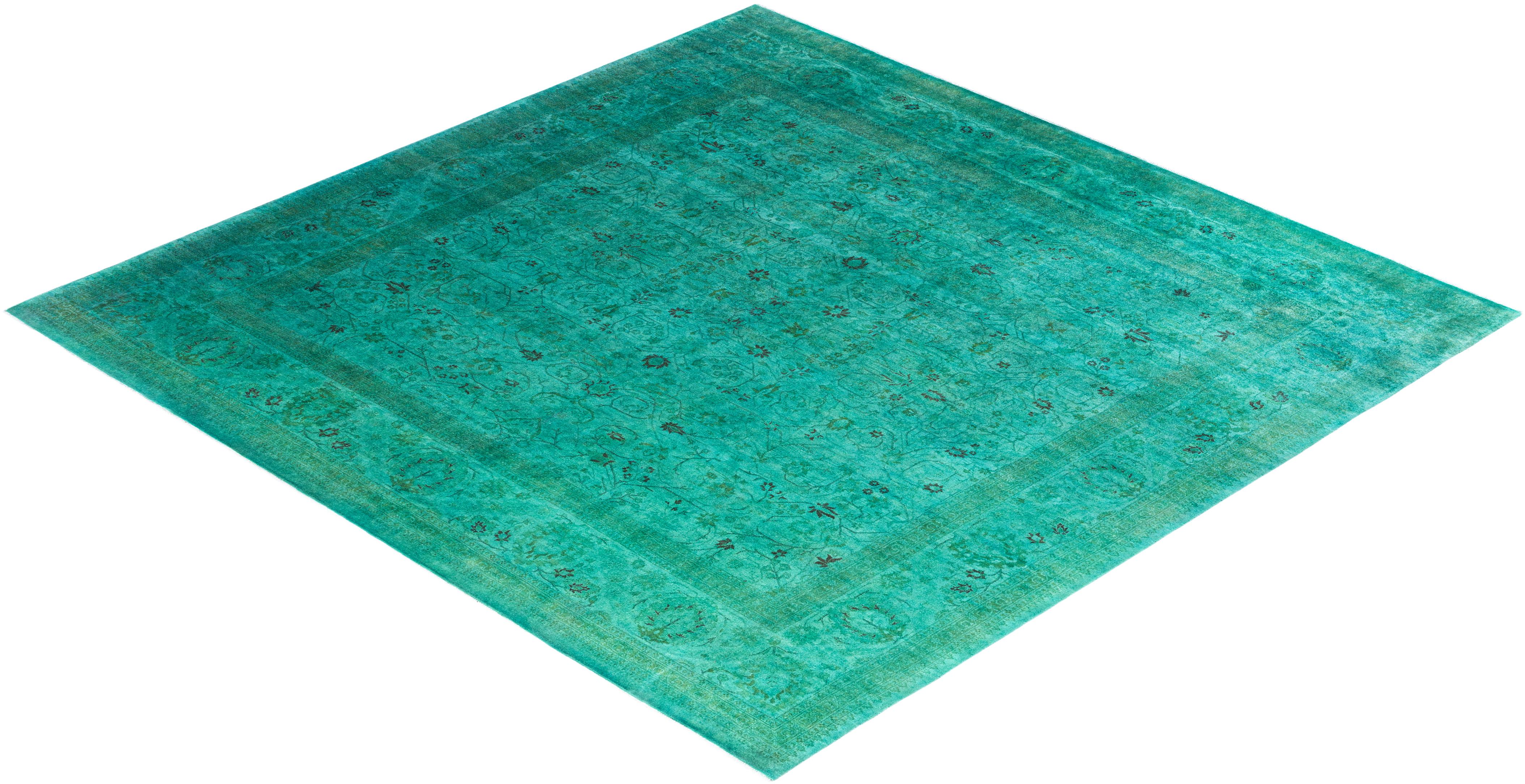 Contemporary Overdyed Hand Knotted Wool Green Area Rug For Sale 4