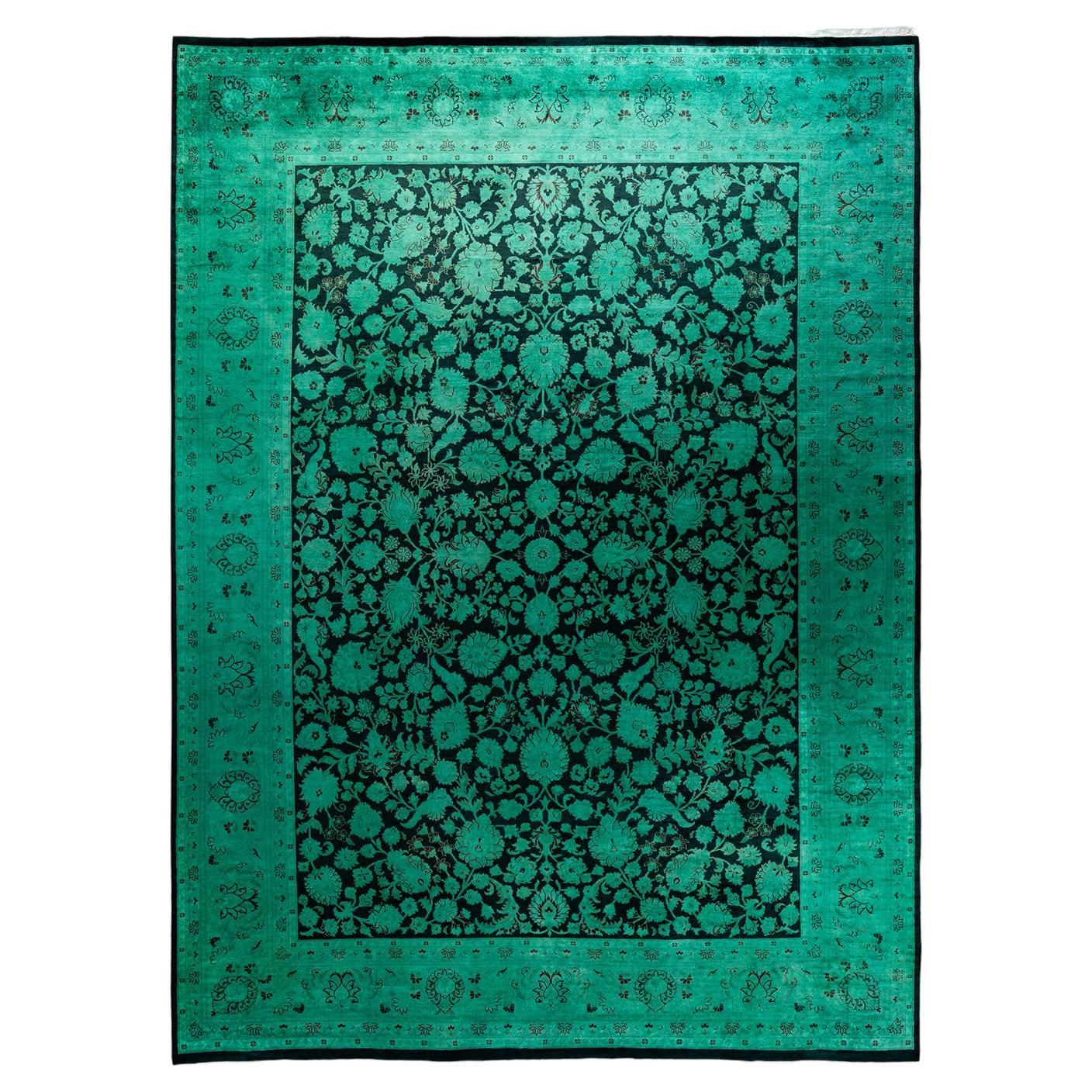 Contemporary Overdyed Handknotted Wool Green Area Rug im Angebot