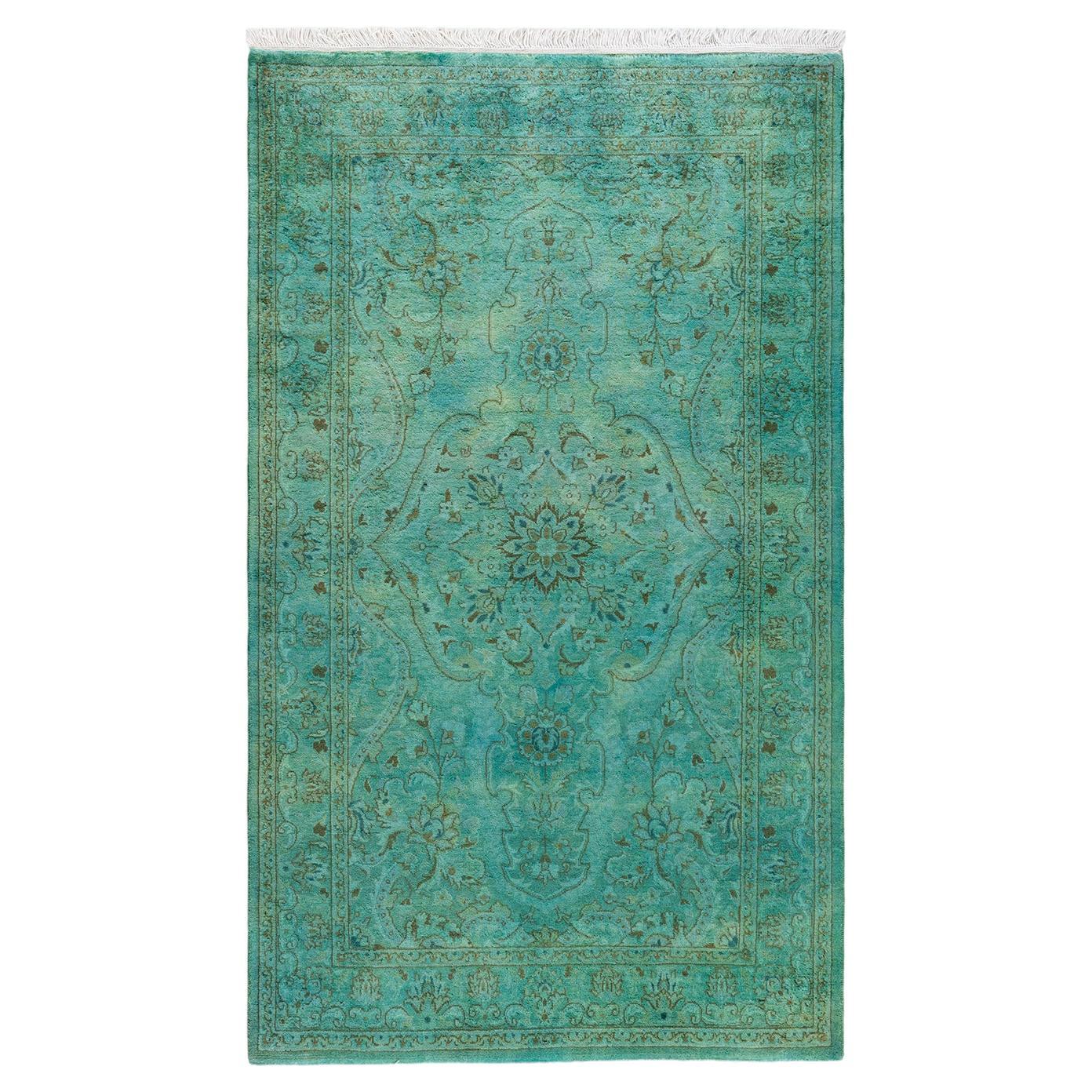 Contemporary Overdyed Hand Knotted Wool Green Area Rug For Sale