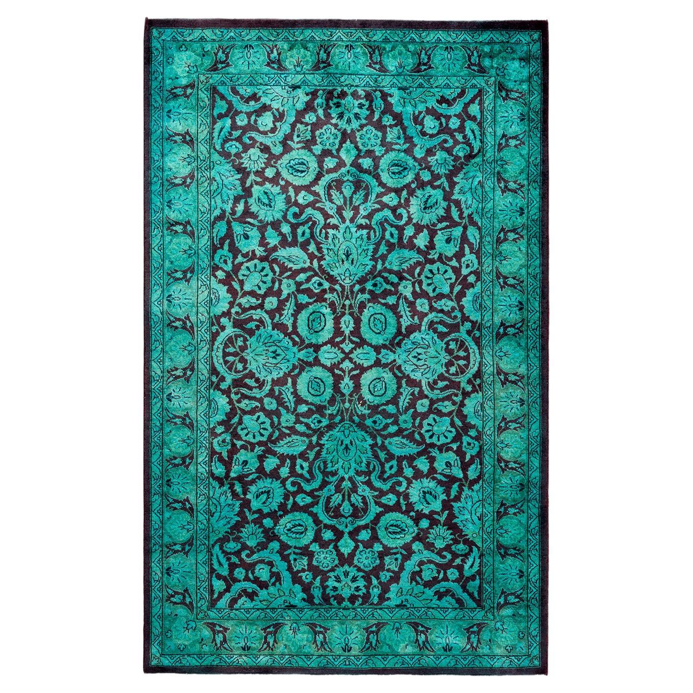 Contemporary Overdyed Hand Knotted Wool Green Area Rug For Sale