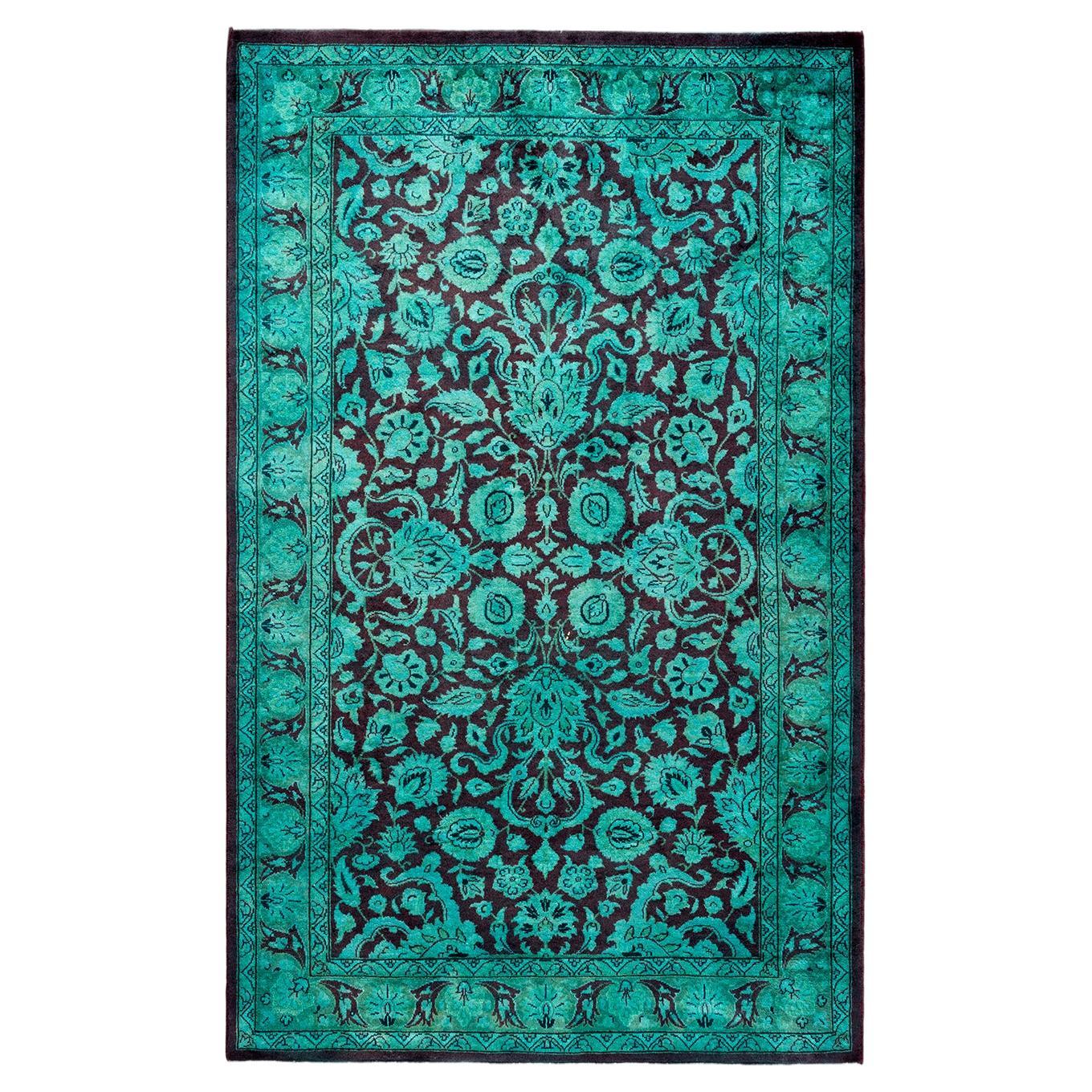 Contemporary Overdyed Hand Knotted Wool Green Area Rug